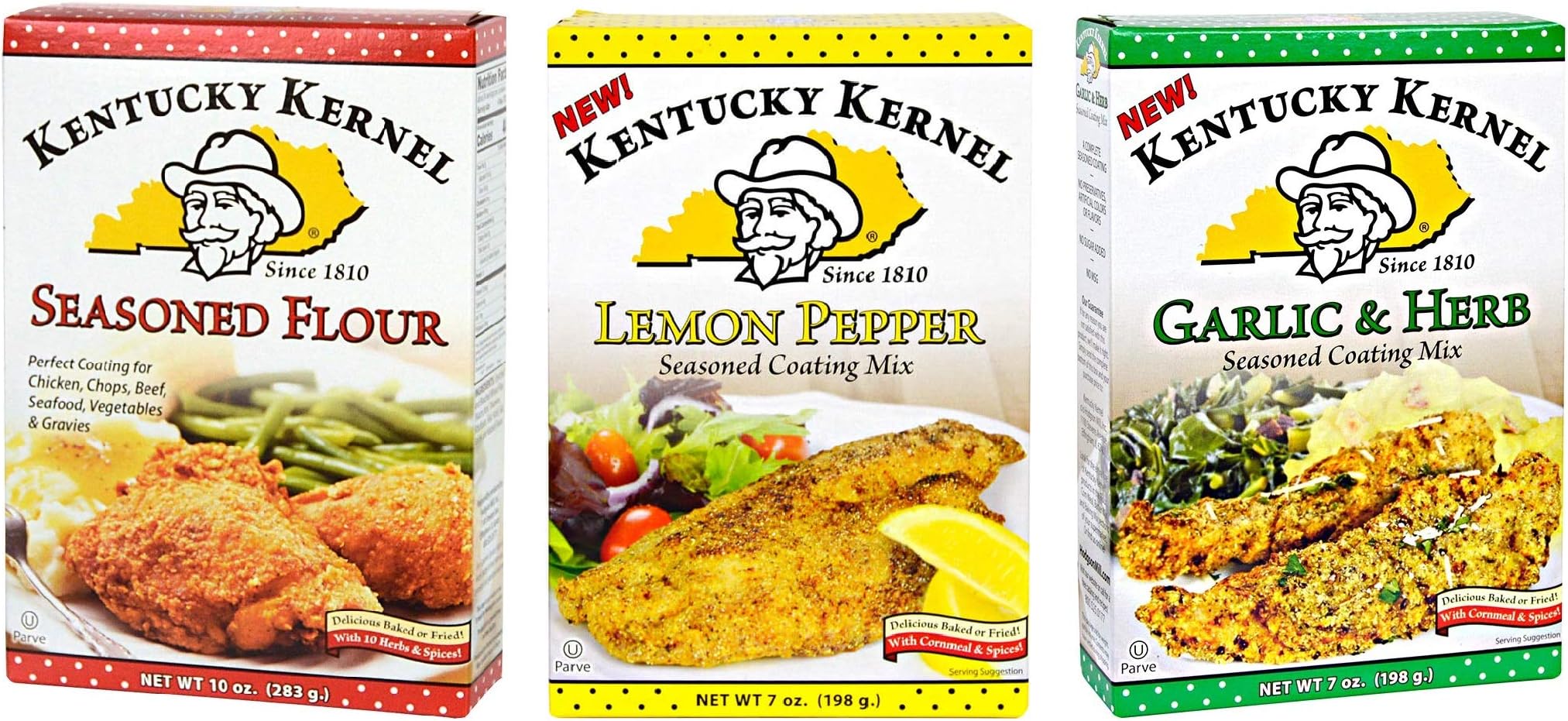 Kentucky Kernel Variety 3 Pack Seasoned Coating Mixes Includes – 1 Seasoned Flour, 10 oz. – 1 Garlic & Herb Mix, 7 oz. – 1 Lemon Pepper Mix, 7 oz.