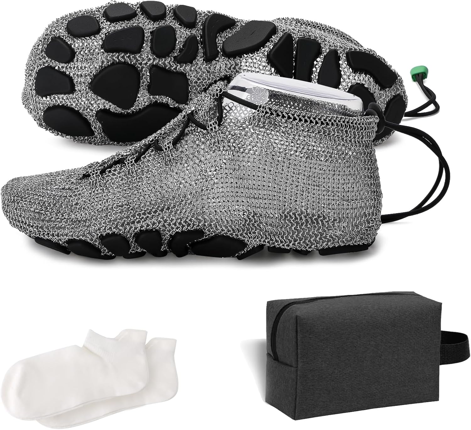 Stainless Steel Ring Mesh Cutting Shoes, Chain Link Diving Socks and Shoes Easy Beach Barefoot Diving Boots Non Slip Rubber Sole Silver