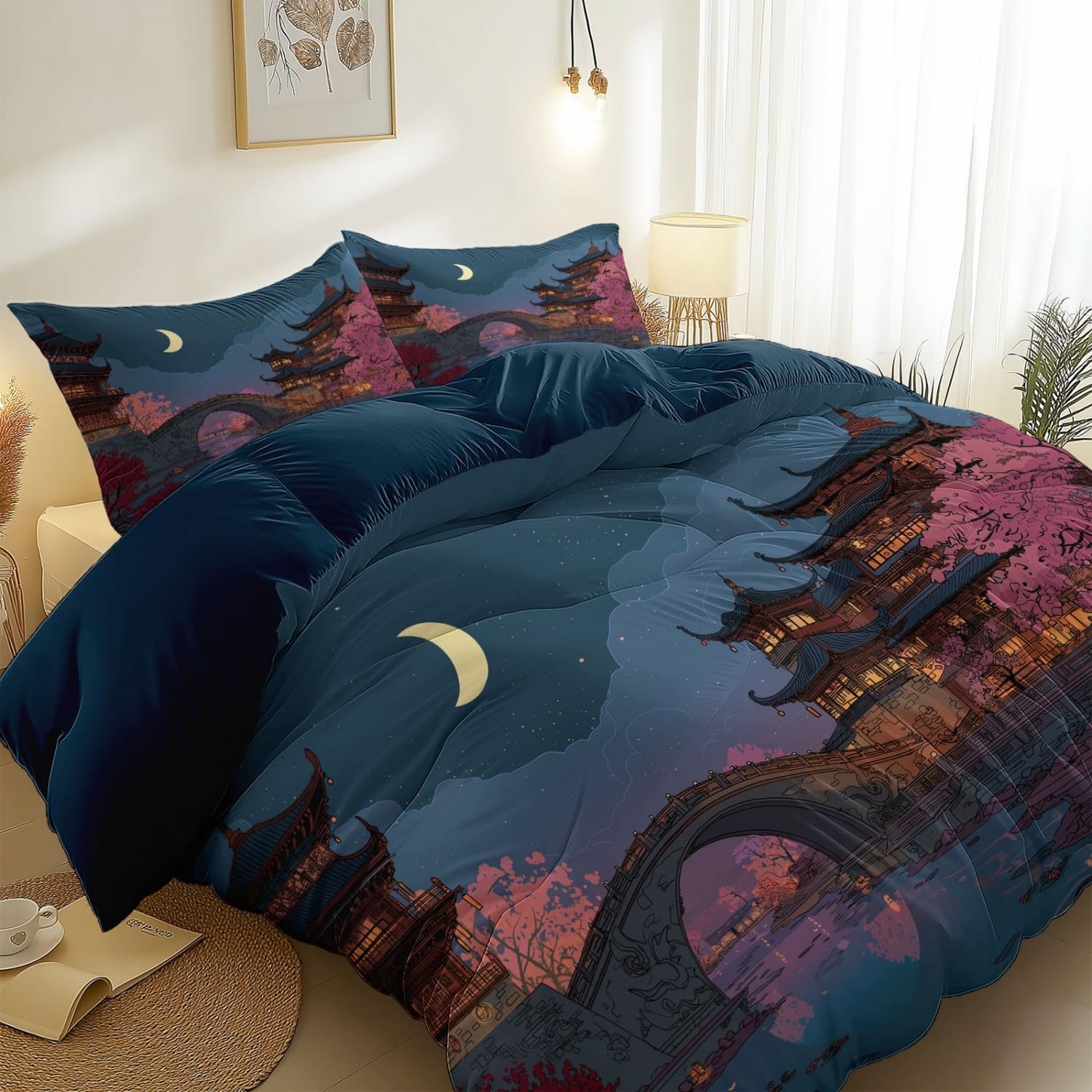 Oriental Ancient Chinese Architecture Duvet Cover Set Single Size, Soft Microfiber 3 Pcs Blue Reversible Bedding Set 135 x 200 cm - Easy Care Quilt Cover for Teens Girls Kids with 2 Pillowcase
