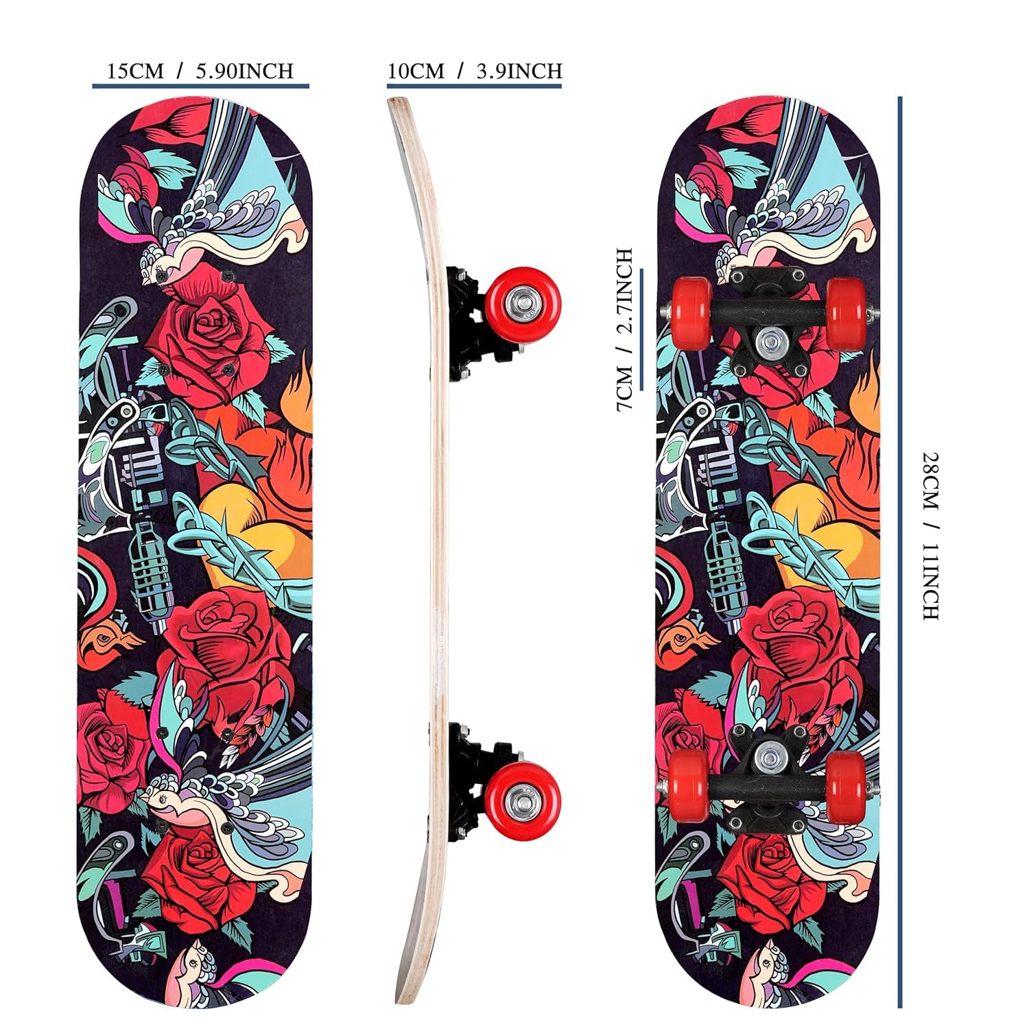 Ash & Roh Duck Fibre Skateboard: Beginner-Friendly Boards for All Ages - Featuring 80 Grit Grip Tape & Stylish Sticker Graphics (Rose) - Image 2 thumbnail