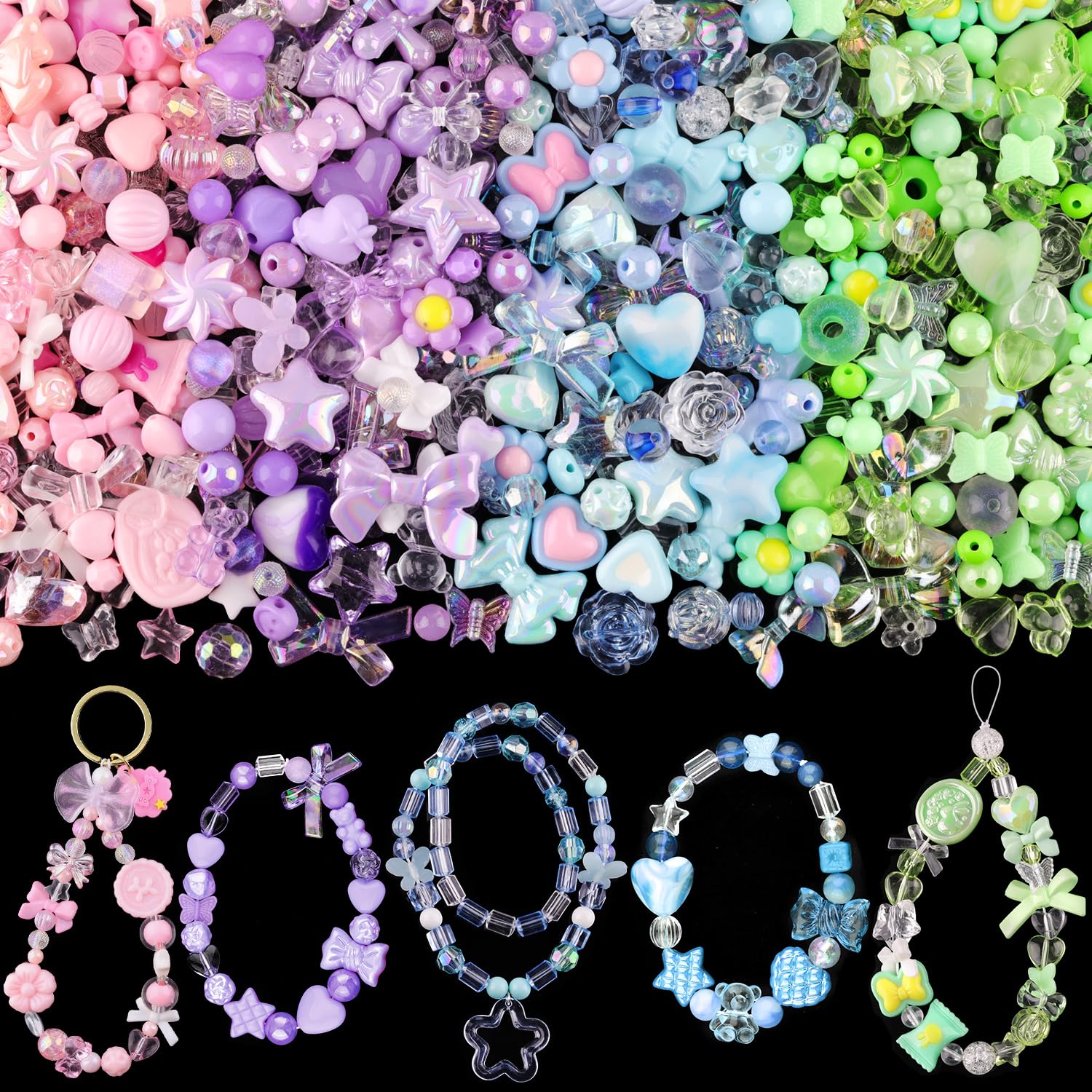Assorted 180-240PCS Acrylic Beads for Bracelet Making, Flower Bow Butterfly Candy GummyBear Aesthetic Bracelet Charms,Cute Beads for Jewelry Making DIY Necklace Keychain Phone Charm