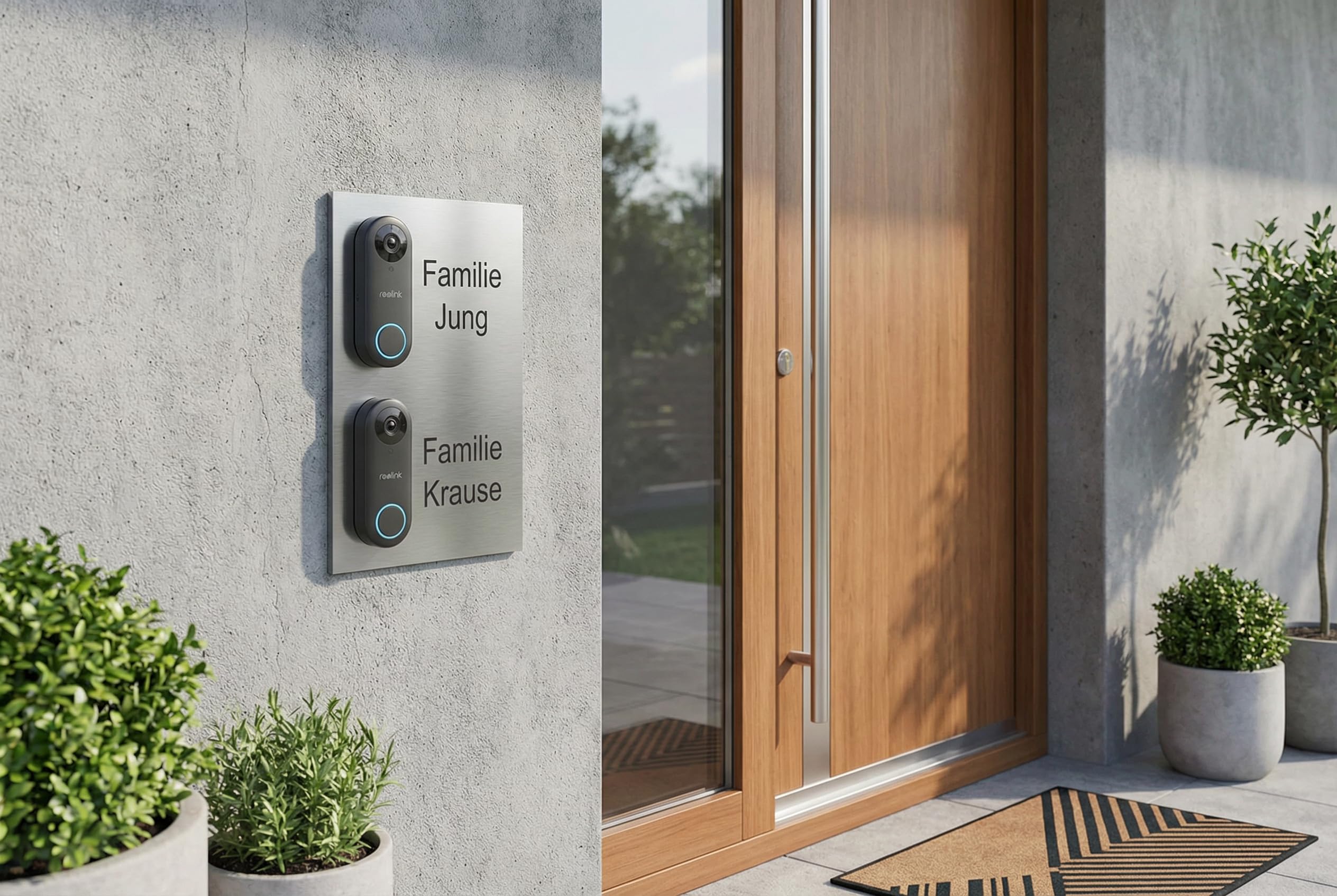 Jung Edelstahl Design Türschild für Reolink Türklingel Doppel 200x340mm – V2A Edelstahl 1,5mm, 2 Familienhaus, personalisierbar (Lasergravur/UV-Druck) (V2A Edelstahl)