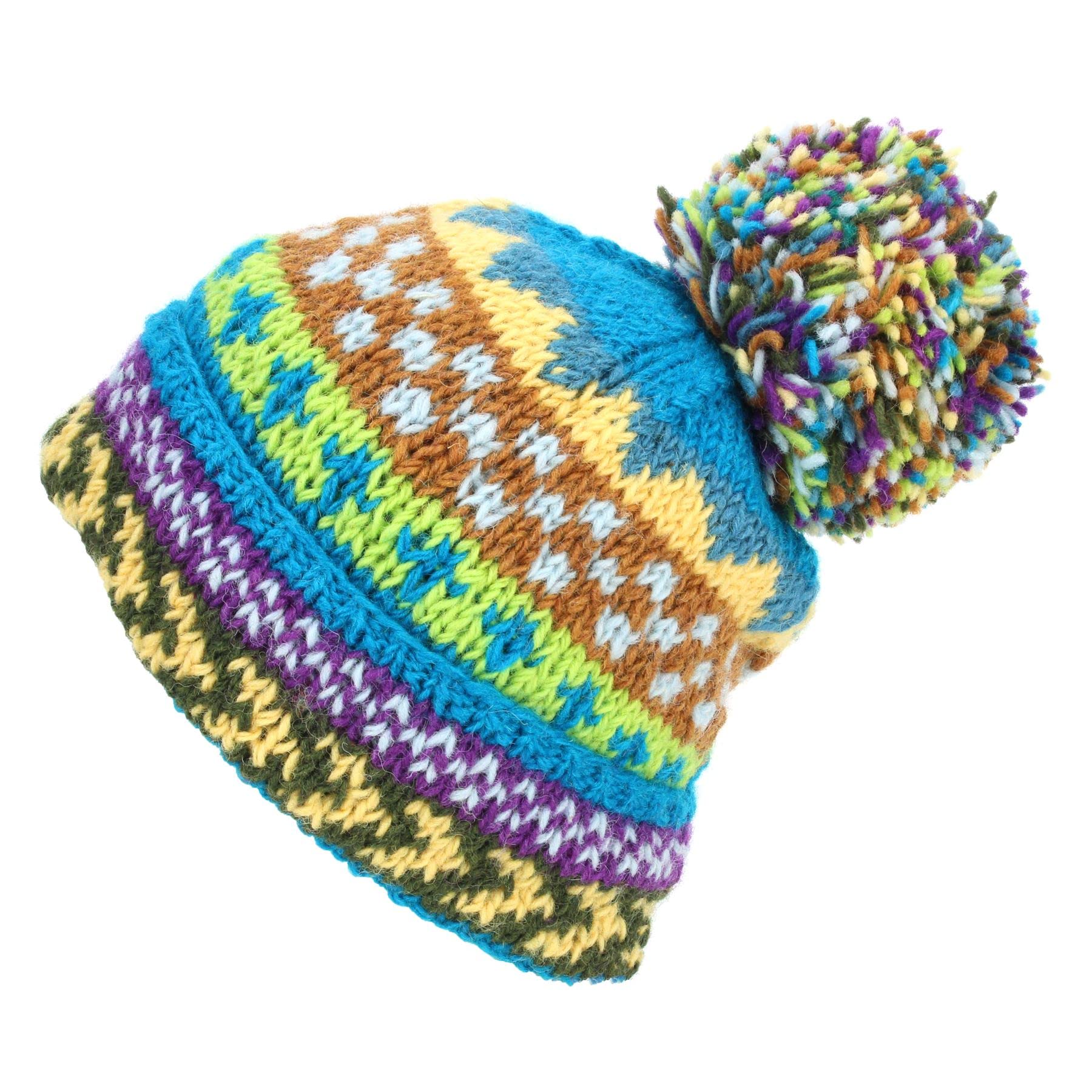 LOUDelephant Hand Knitted Wool Beanie Bobble Hat - Chevron Blue