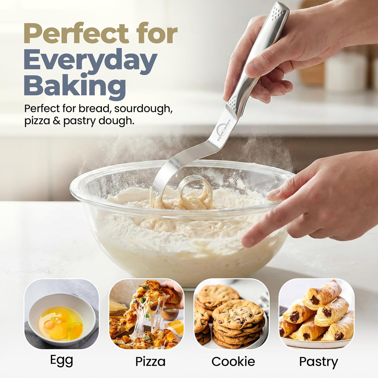 Seamless Dough Whisk, Stainless Steel Danish Dough Wisk, 9" Bread Whisk for Sourdough, Cookies, Pizza, Pastry, Dishwasher Safe Dough Hook thumbnail