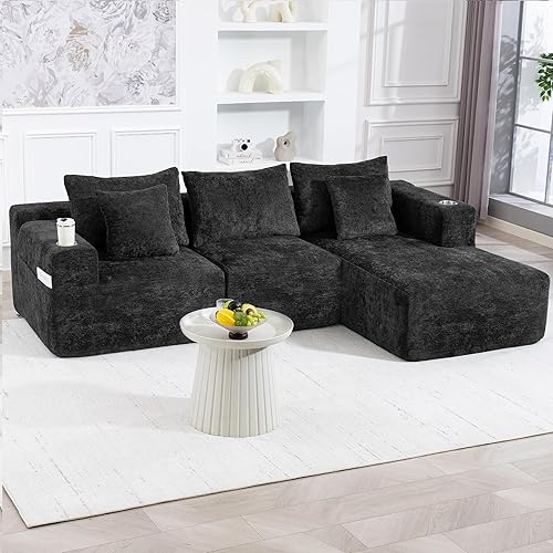 Modular Sectional Sofa with L-Shape Chaise, 102" Cloud Couch with Deep Seat, 3-Seater Chenille Fabric Modular Sofa, Upholstered Boneless Couches for Living Room, No Assembly Required, Black