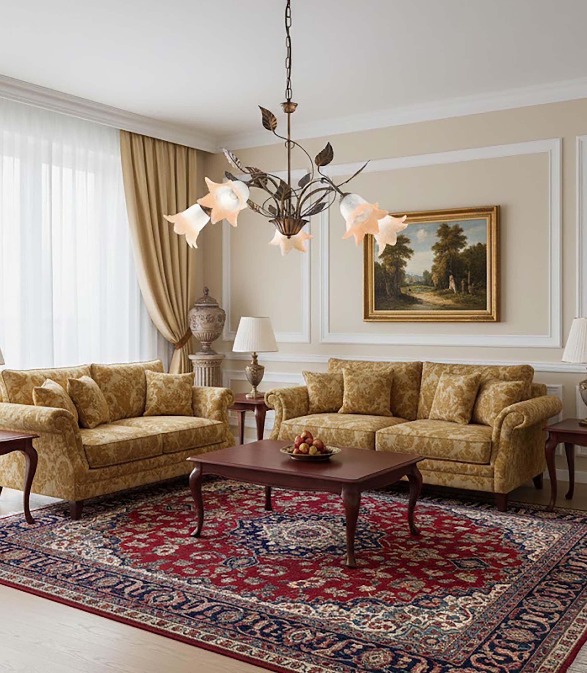 Lampadario classico in ferro battuto marrone e oro 5 luci per salotto, soggiorno, sala da pranzo, cameretta, camera da letto, LGT Anastasia