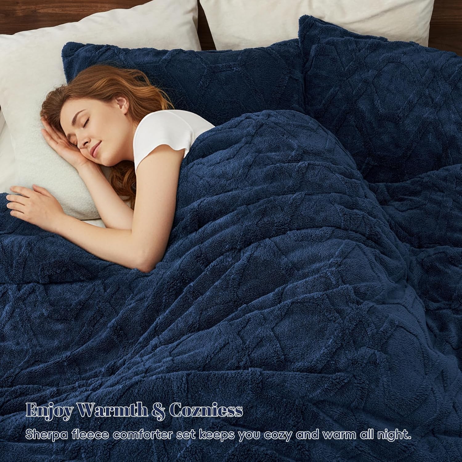 PHF Warm Sherpa Fleece Queen Comforter Set, 3D Tufted Fluffy Navy Blue Bedding for Winter, Soft 3 Pieces Shaggy Bed Set, 1 Comforter (90"x90") and 2 Pillowcases (20"x26") - Image 2