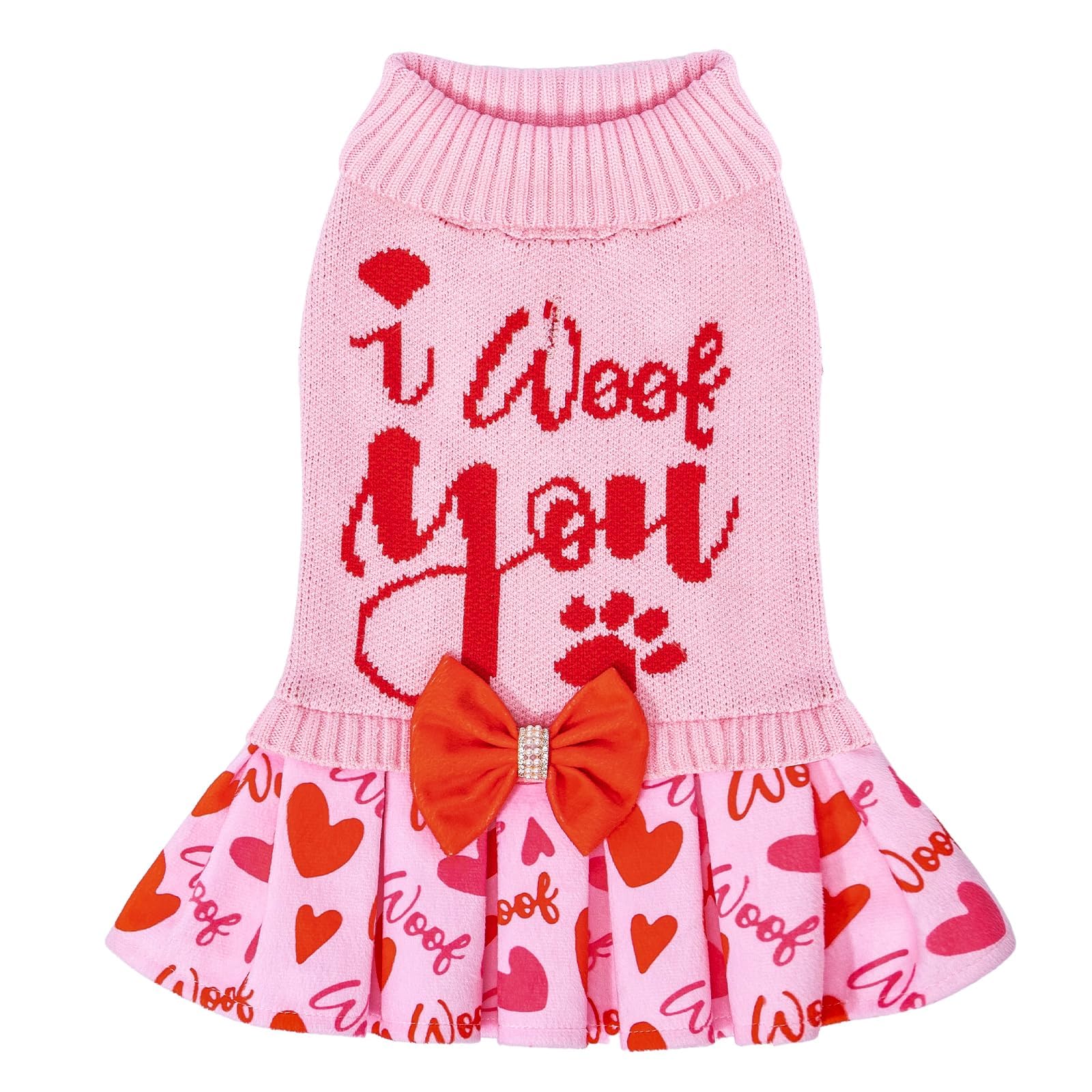 CuteBone Pink Dog Sweater Dress I WOOF You Pet Sweater Sweaters for Small Dogs with Bowtie Pullover Pupply Clothes Cats Clothes for Valentine's Day