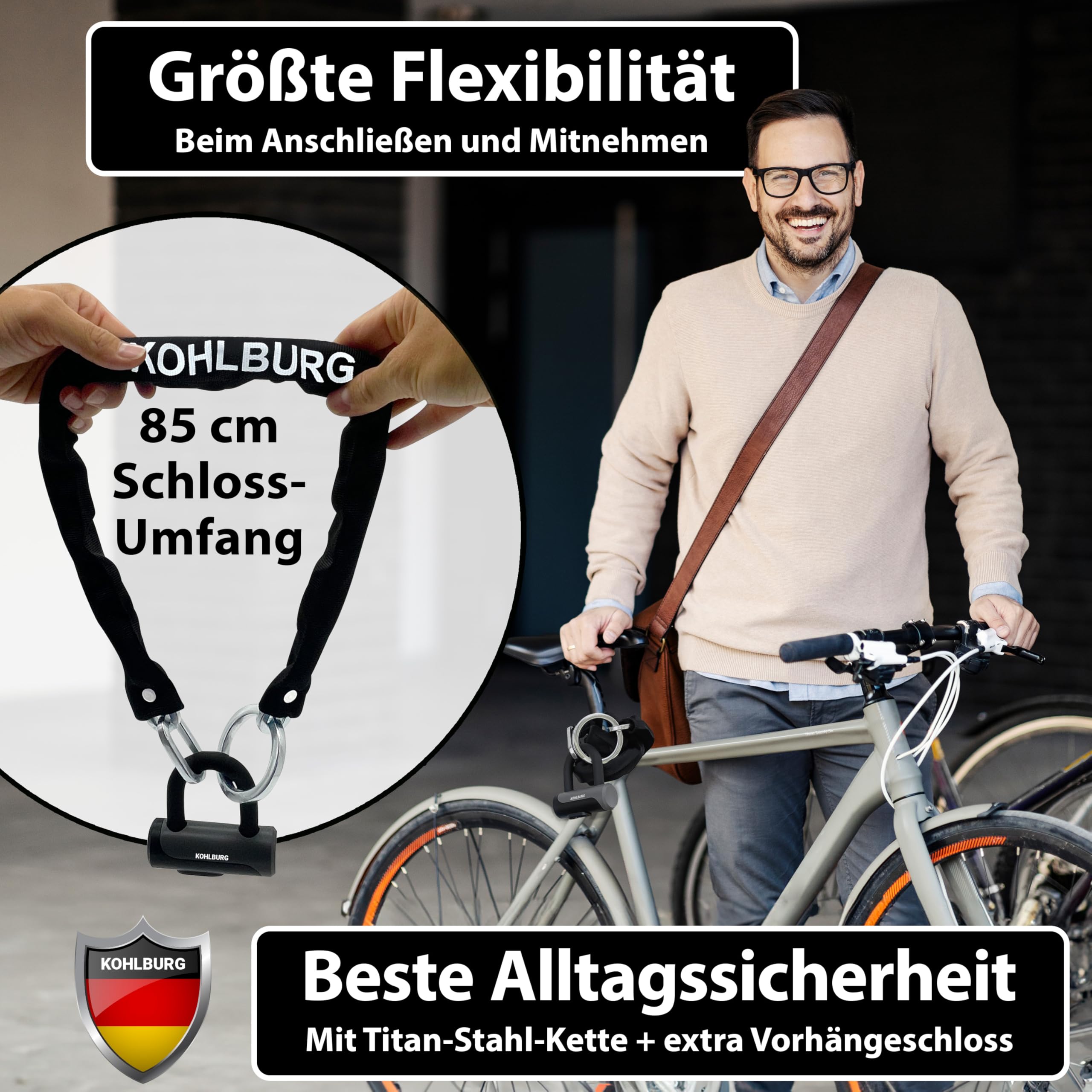 KOHLBURG Lucchetto a catena sicuro [7 mm di spessore in acciaio al titanio, con anello extra, lunghezza 85 cm, lucchetto per bicicletta con serratura extra con chiave [4 x] come lucchetto per