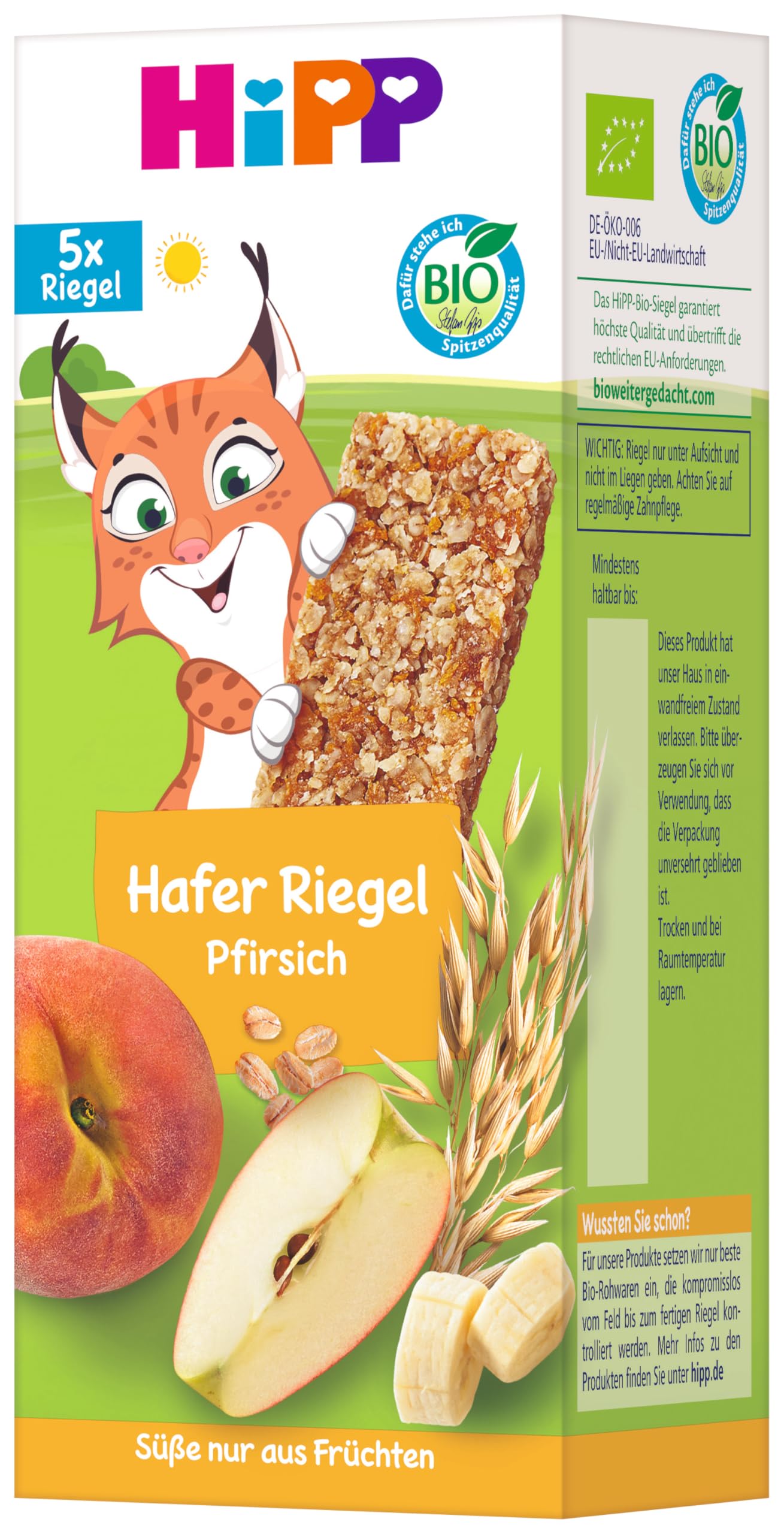 HiPP Luchs Hafer Riegel Pfirsich 40 Stück (8er Pack mit je 5 x 20g), ab 1 Jahr, Süße nur aus Früchten, ideal für unterwegs & zwischendurch