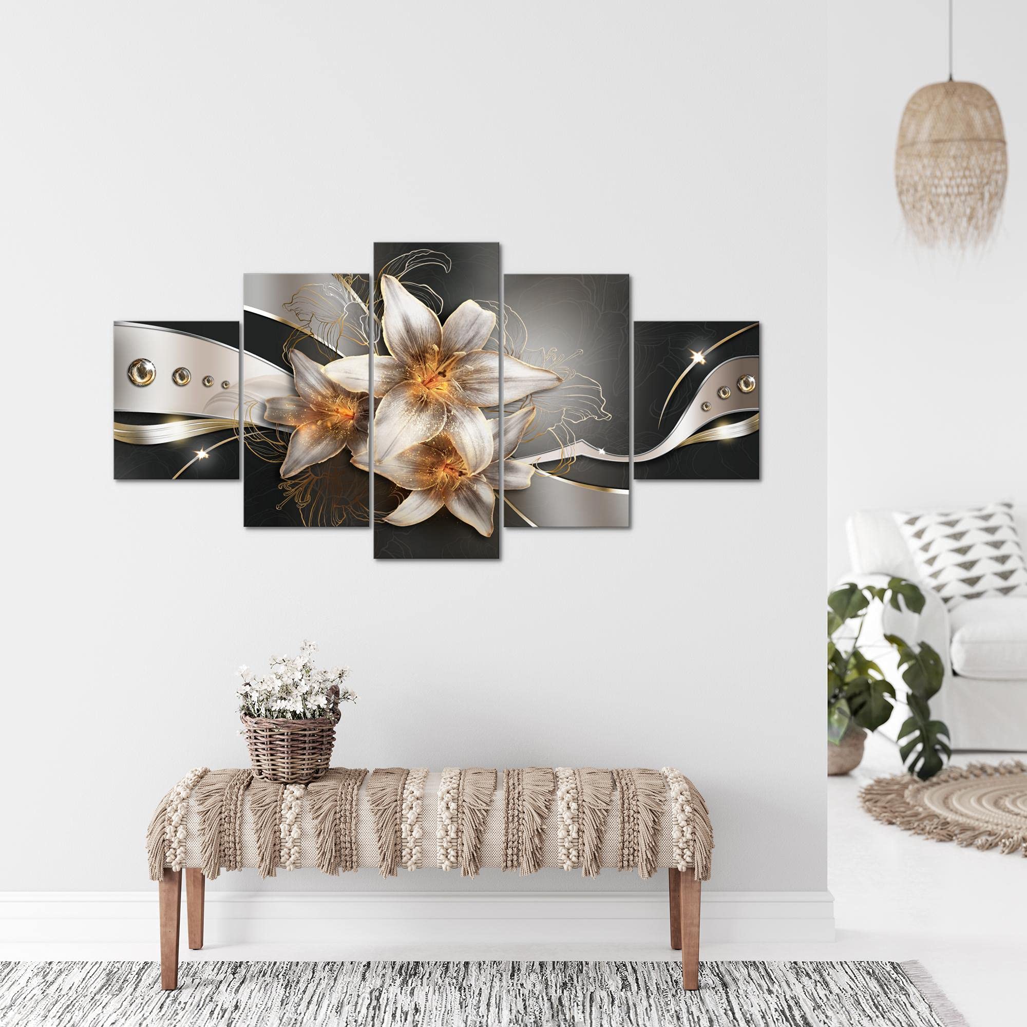 Runa Art - Bilder Blumen Lilien 200 x 100 cm 5 Teilig XXL Wanddekoration Design Gelb Gold 039651a