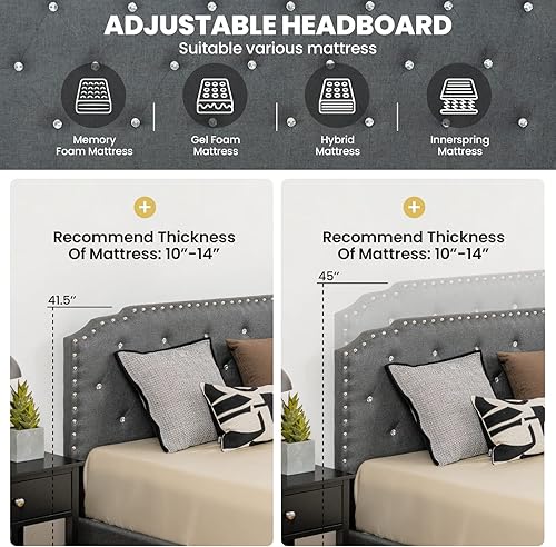 Miniatura 6 de Giantex Base de cama tapizada con cabecera ajustable, base de cama con plataforma suave capitonada de cristal con listones de madera, base de