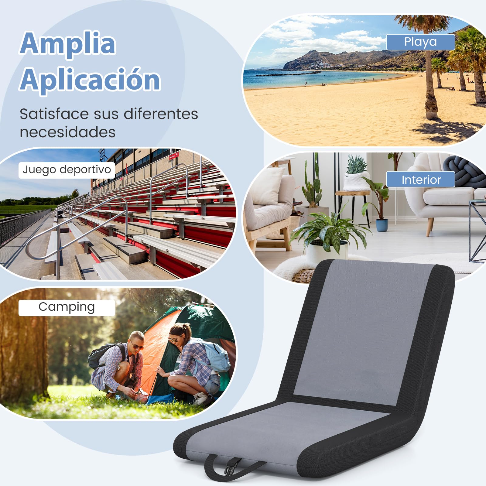 COSTWAY Silla de Suelo Plegable, Sillon Lectura con Respaldo Ajustable en 6 Niveles y Soporte Ergonómico, Silla Reclinable para Gradas con Asa de Transporte para Eventos Deportivos y Conciertos
