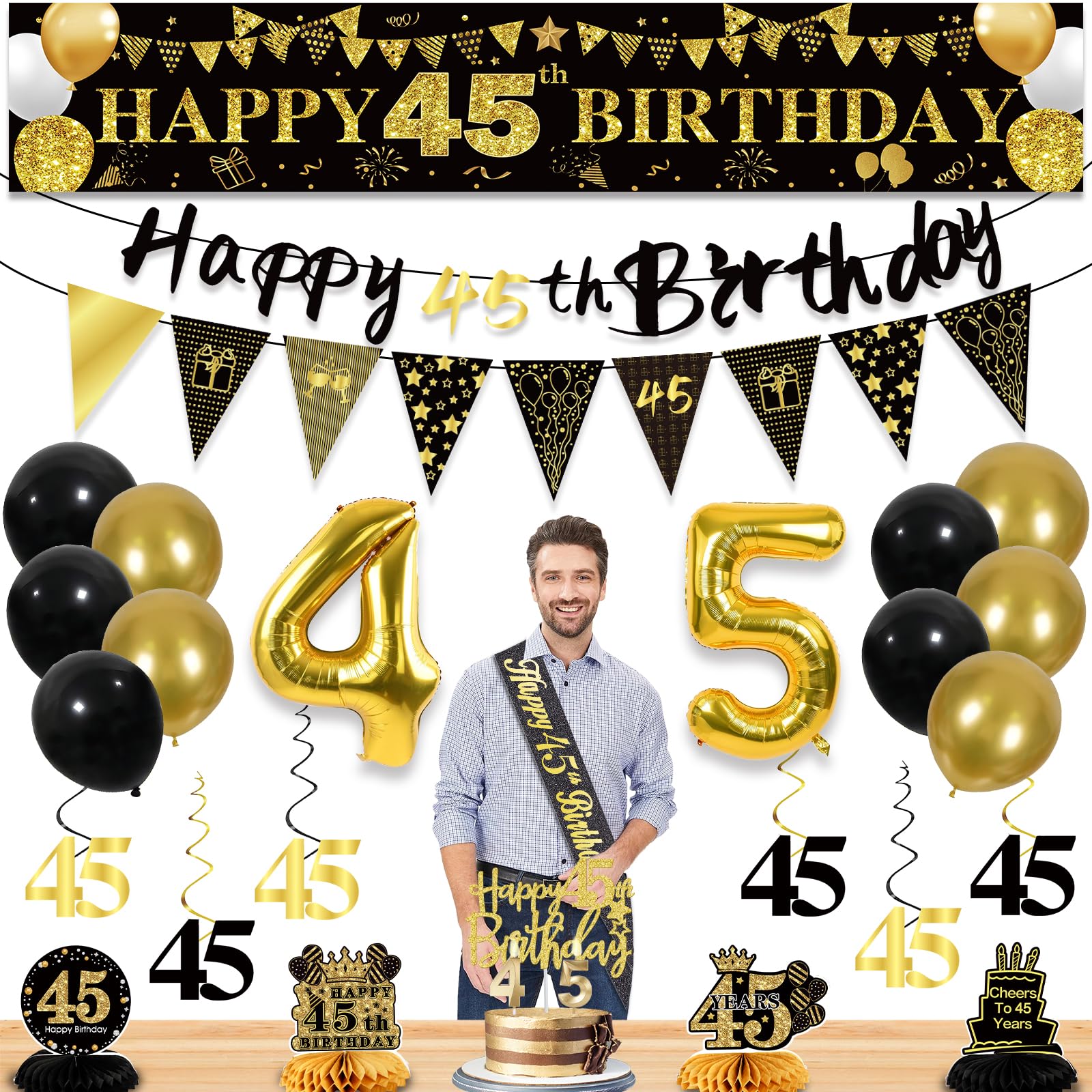 45th Birthday Decorations for Men, Black Gold 45th Party Decorations