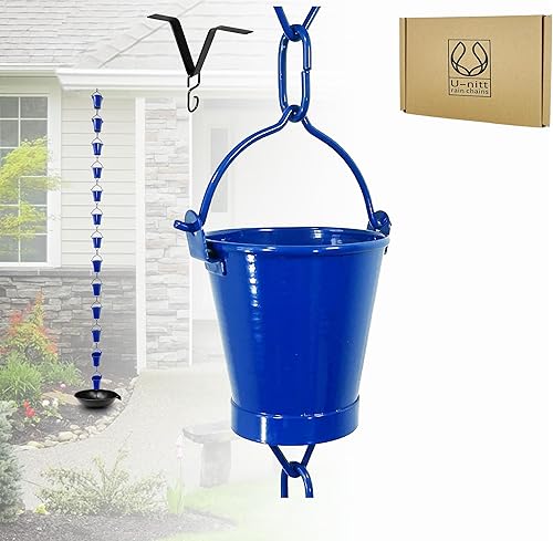 U-nitt Cadena de lluvia de aluminio de 8-12 pies, revestimiento de polvo azul, bajante alternativo para canalón, taza de cubo de granja, 8.5 pies de