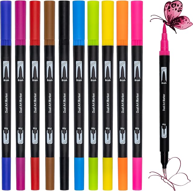 Colouring Pens for Adults Pack of 10 - Dual Tip Brush Pens for Colouring, Lettering, Drawing, Journaling, Painting - Felt Tip Pens for Adults, Artists & Beginners  Present for Kids