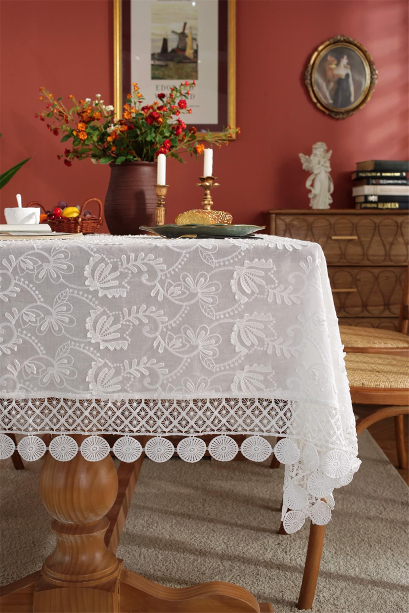 Daesar Mantel para Mesa de Centro Rectangular,Manteles Mesa Algodón Bordado de Flores con Encaje Manteles de Mesa Blanco,150x260CM(102x59Inch)