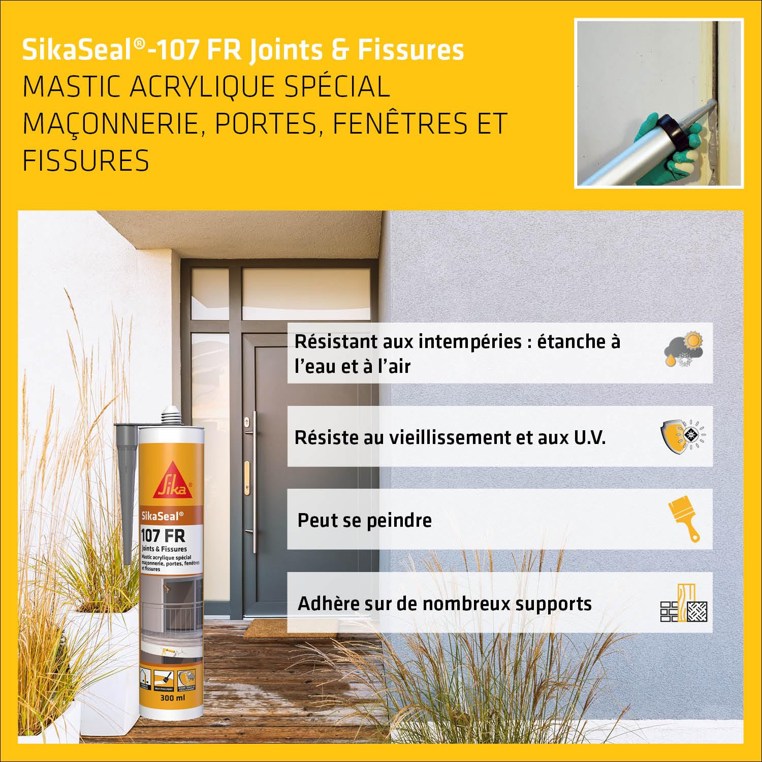 Sikagard Protection Tout en 1, Protection hydrofuge façade, toiture et sol pour matériaux poreux et peu poreux, 5L & 107 Joint et Fissures Gris, Mastic acrylique professionnel multi support, 300ml