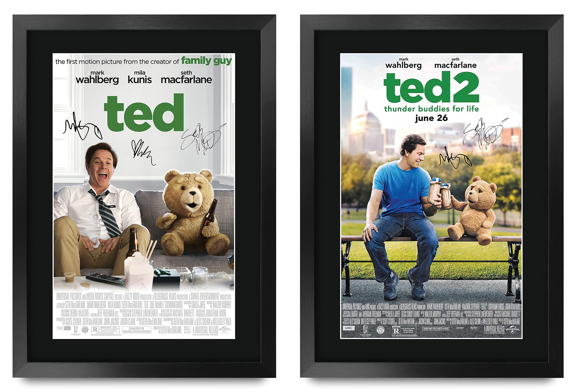 HWC Trading FR A3 Ted Collection x 2 Filmplakat, Mark Wahlberg, Mila Kunis, Seth Macfarlane Geschenke, gedrucktes Poster, signiertes Autogramm-Bild für Film-Fans, A3 gerahmt, 2 Stück
