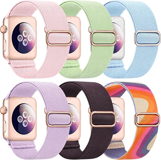 Higgs 6 Pack Straps Compatible with Apple Watch Strap 38mm 40mm 41mm for Women Men, Nylon Solo Loop Elastic Braided Sport Replacement Band for iWatch Series 7 6 SE 5 4 3 2 1, Stretchy Adjustable