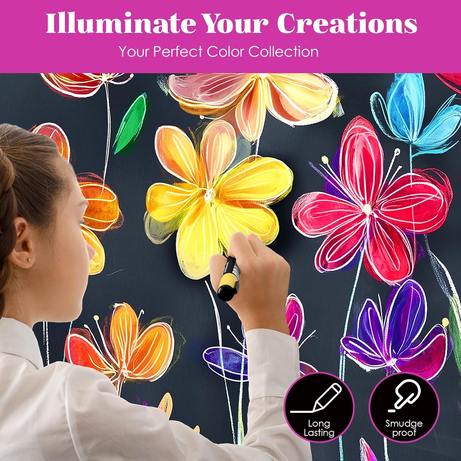 Loddie Doddie Fine Tip Liquid Chalk Markers - Pack of 8, 1mm Tip - Precision Pens for Chalkboard Calendar Art - Quick-Wipe Chalk Pens for Glass & Mirrors - Vibrant Neon Car Window Markers