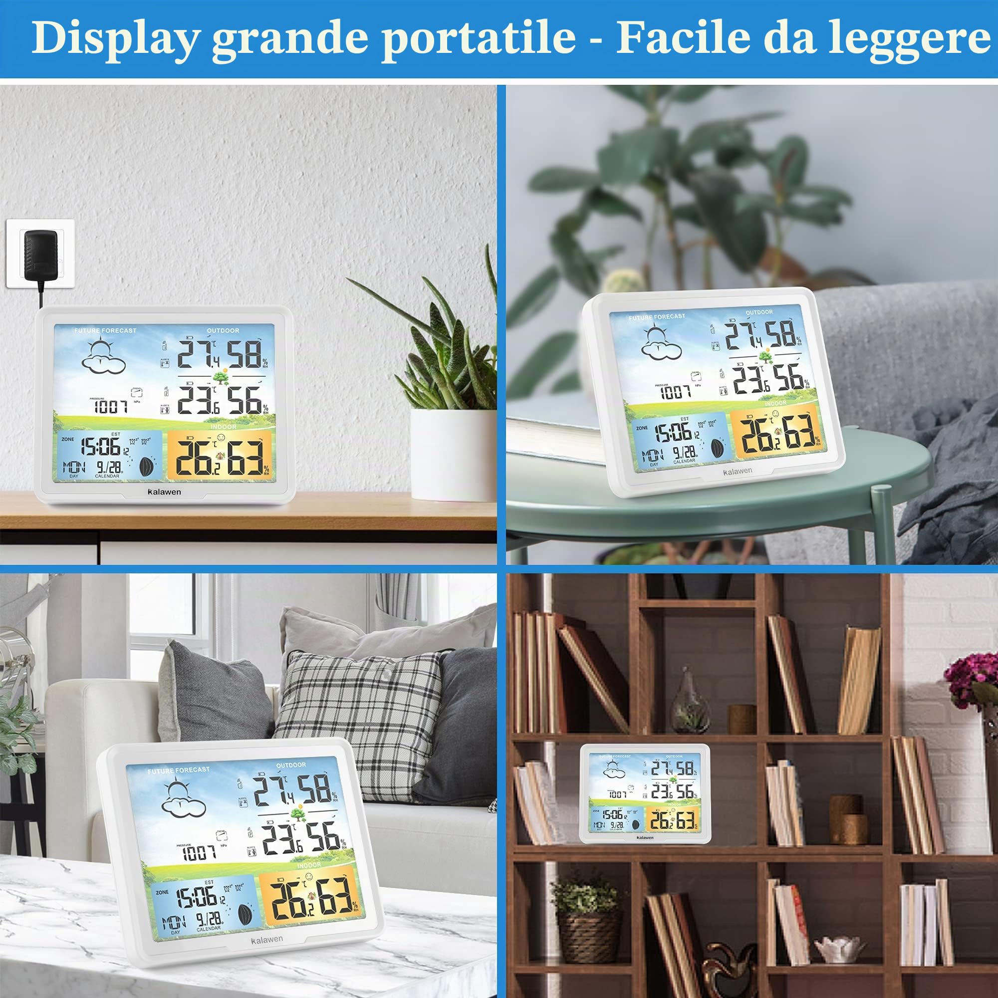 Stazione meteo radio con 2 sensori esterni, display digitale a colori, DCF, orologio radio per interni ed esterni, termometro, stazione meteo radio, con previsioni meteo e fase lunare (bianco)
