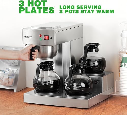 Miniatura 3 de Cafetera comercial de 12 tazas, cafetera de goteo de llenado manual con 3 jarras de vidrio, 3 calentadores, cafetera de acero inoxidable con