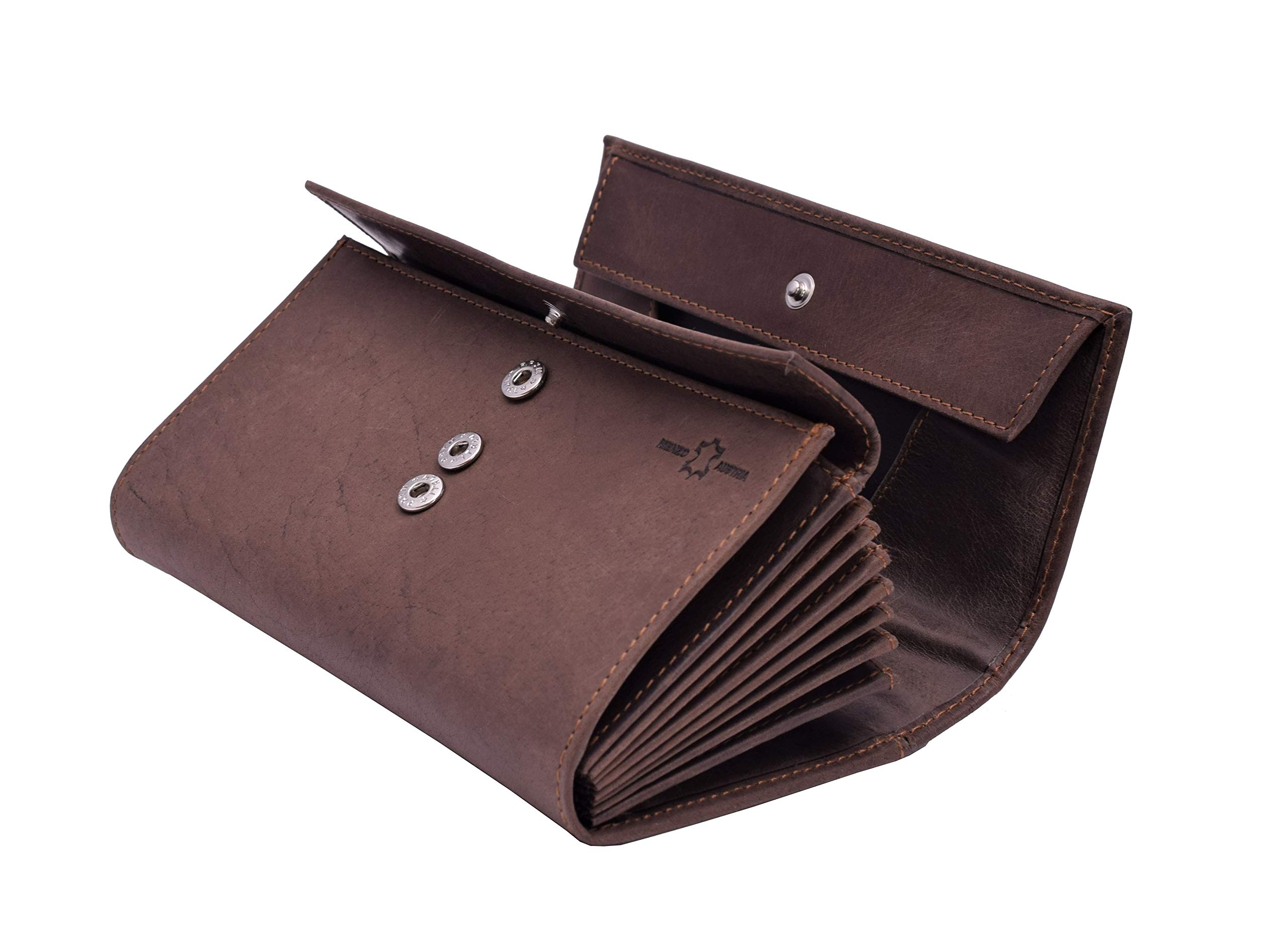 Menzo Juego de cartera de camarero, cartera de camarero + funda, bolsa de camarero + cabestro, piel auténtica para hombre y mujer, Marrón, 23 cm