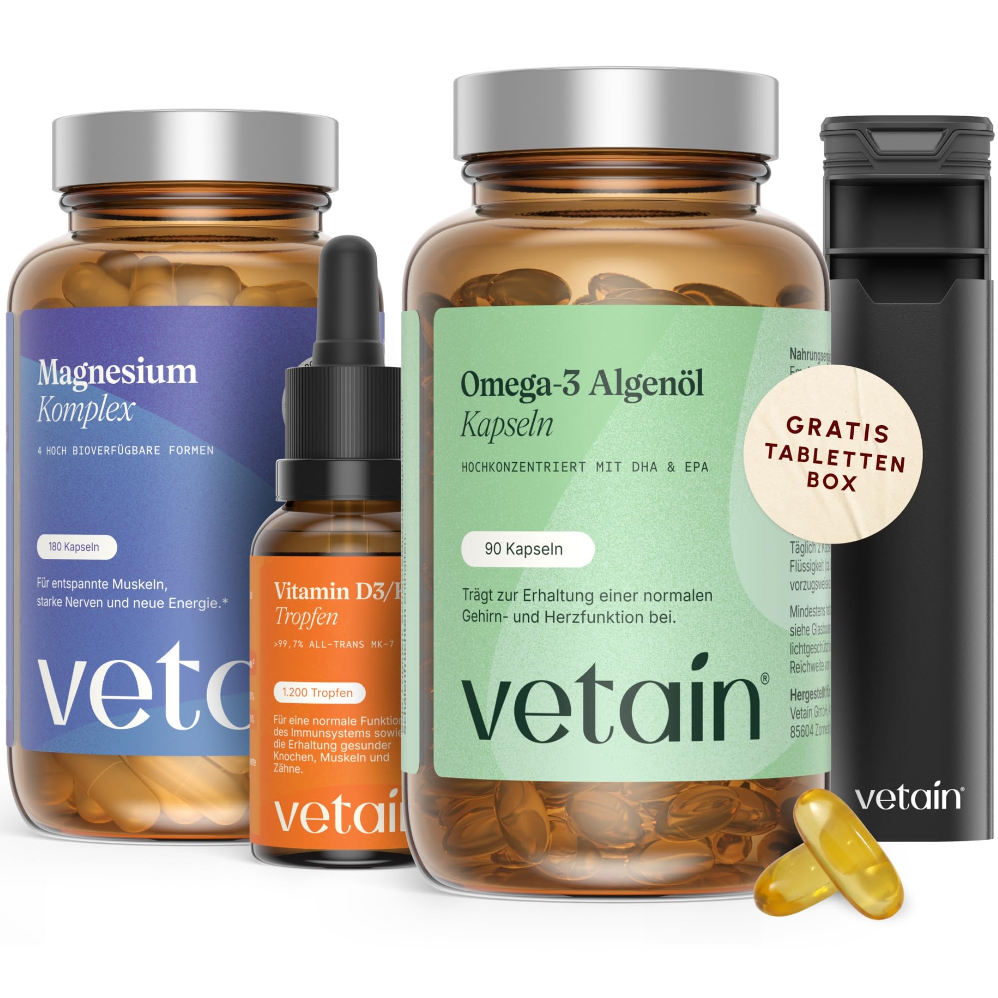VETAIN Daily Essentials Set – Magnesium Komplex, Omega 3 Vegan & Vitamin D3 K2 Tropfen – hochdosiert & vegan – produziert in Deutschland - GRATIS Premium Tablettenbox