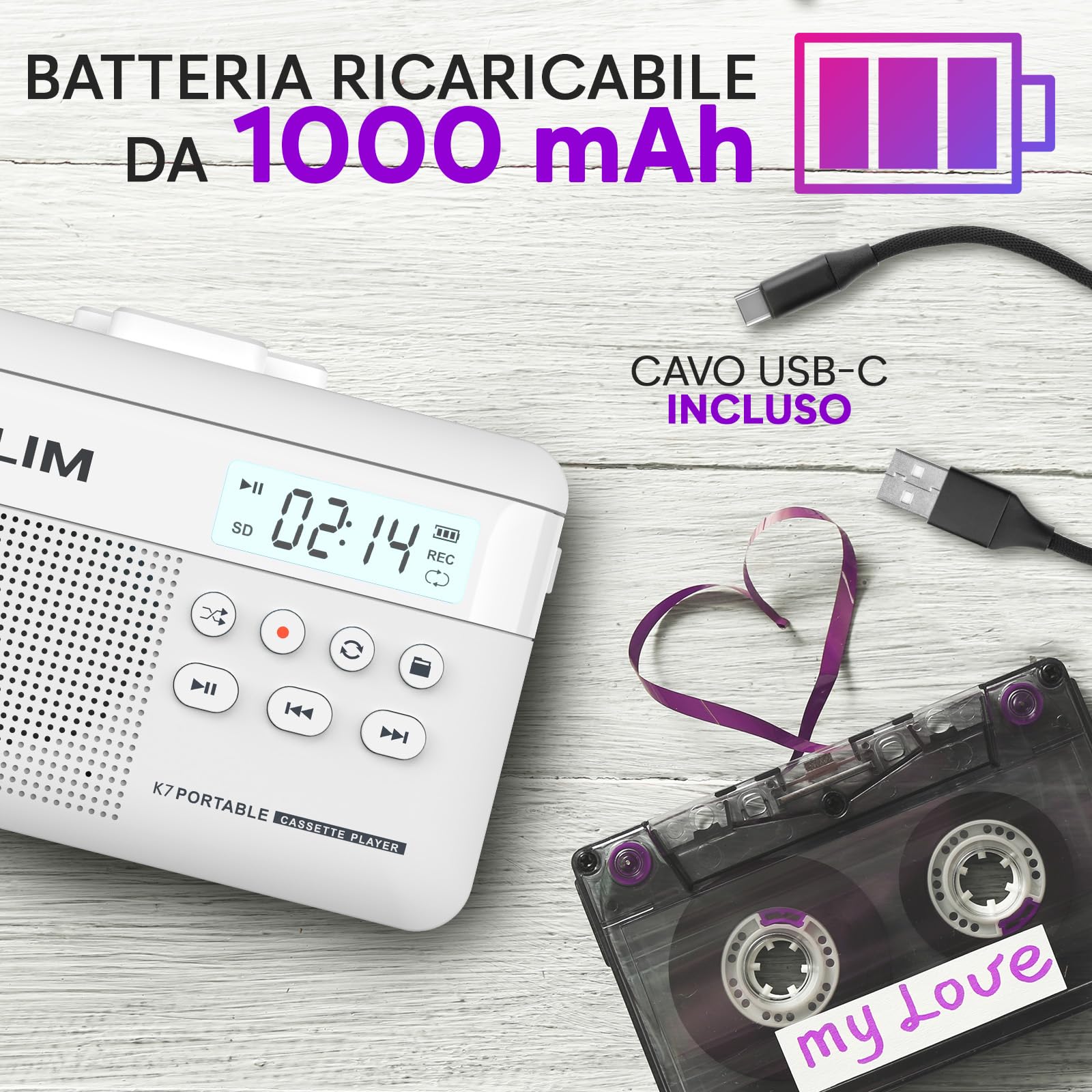 K7 Cassette Player Convertitore Cassette MP3 Lettore Audio Portatile Microfono Altoparlante Incorporati Batteria Ricaricabile Scheda SD 16 GB Bianco