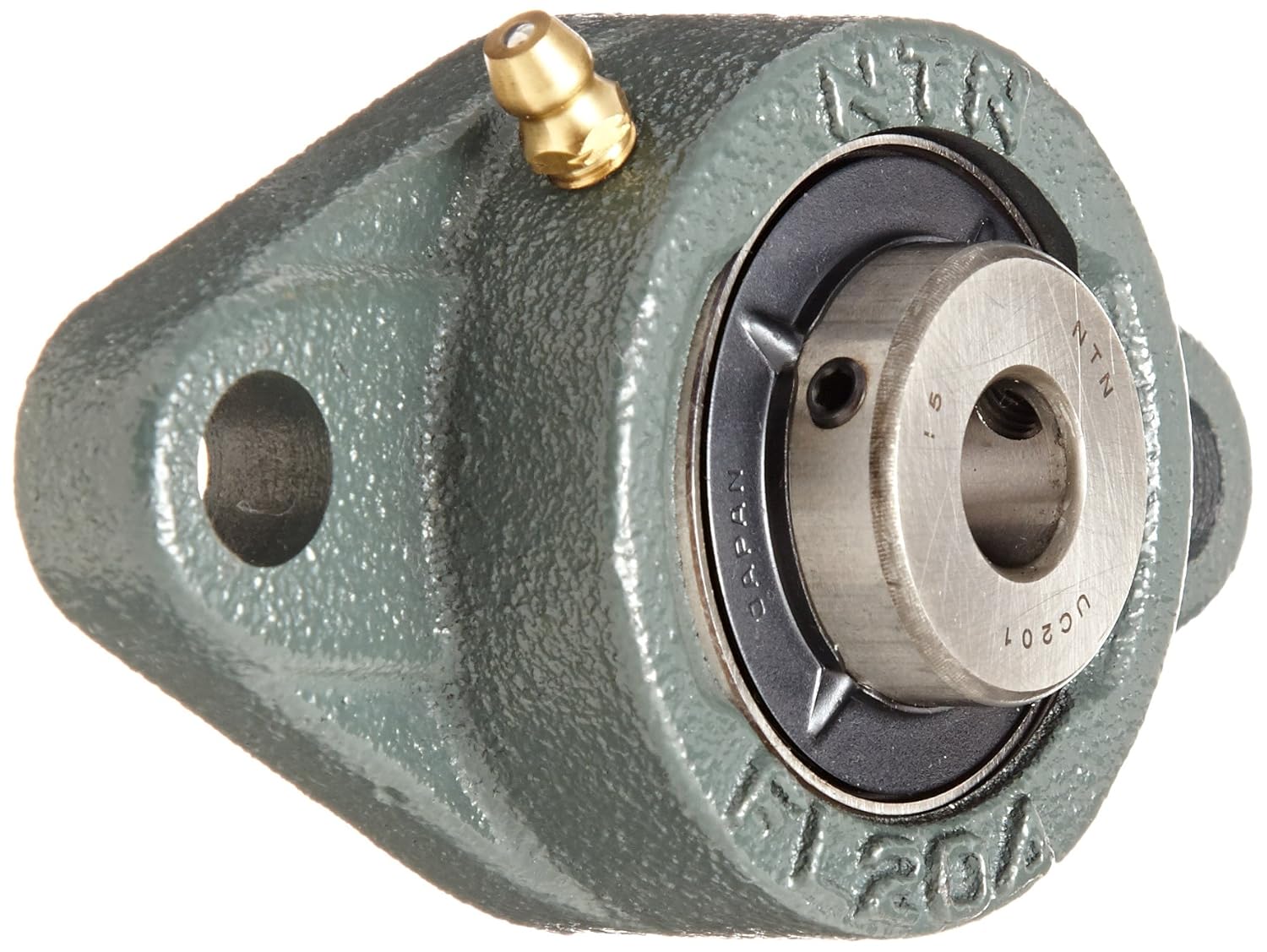 NTN UCFL201D1 Light Duty Flange Bearing, 2 Bolts, Setscrew Lock, Regreasable, Contact and Flinger Seals, Cast Iron, 120mm Bore, 3-35/64" Bolt Hole Spacing Width, 2-3/8" Height, 1495lbf Static Load Capacity, 2878lbf Dynamic Load Capacity