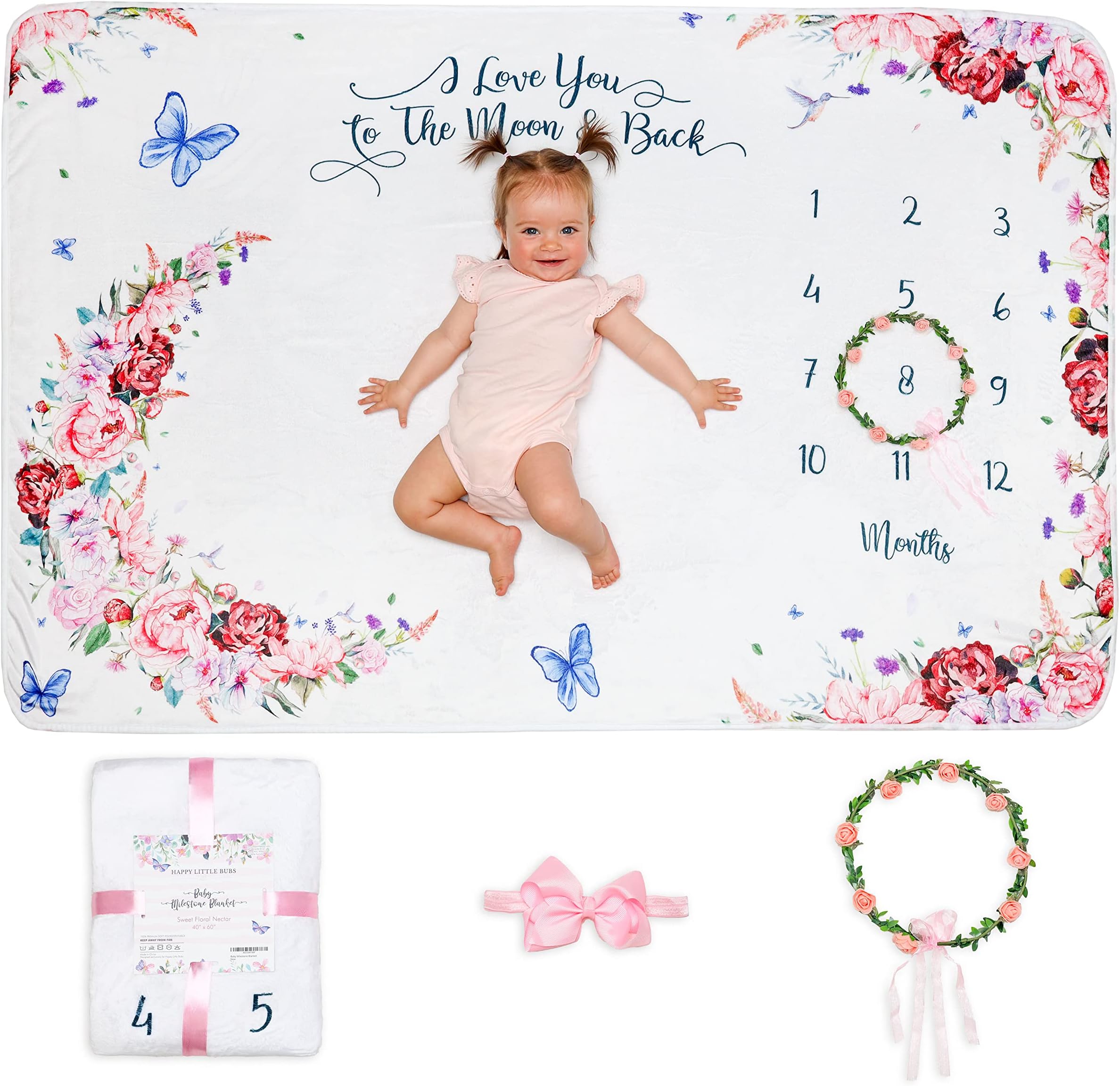 Happy Little BubsHappy Little Bubs - Baby Girl Milestone Blanket - Baby Monthly Milestone Blanket Girl - Monthly Baby Milestone Blanket - Milestone Blanket for Baby Girl - Baby Girl Gifts for Baby Shower - 60''x40''