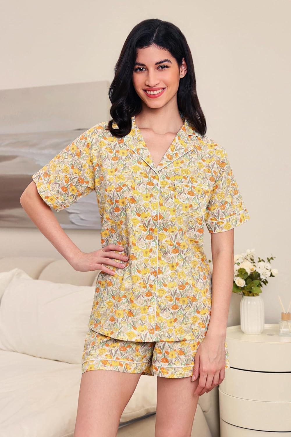 LUBOT 100% Cotton Women's Pajamas Set Button-Down Two-piece PJ Set Short Sleeve Printed Patterned Summer Sleepwear Loungewear (Yellow Flower, M) - Image 2
