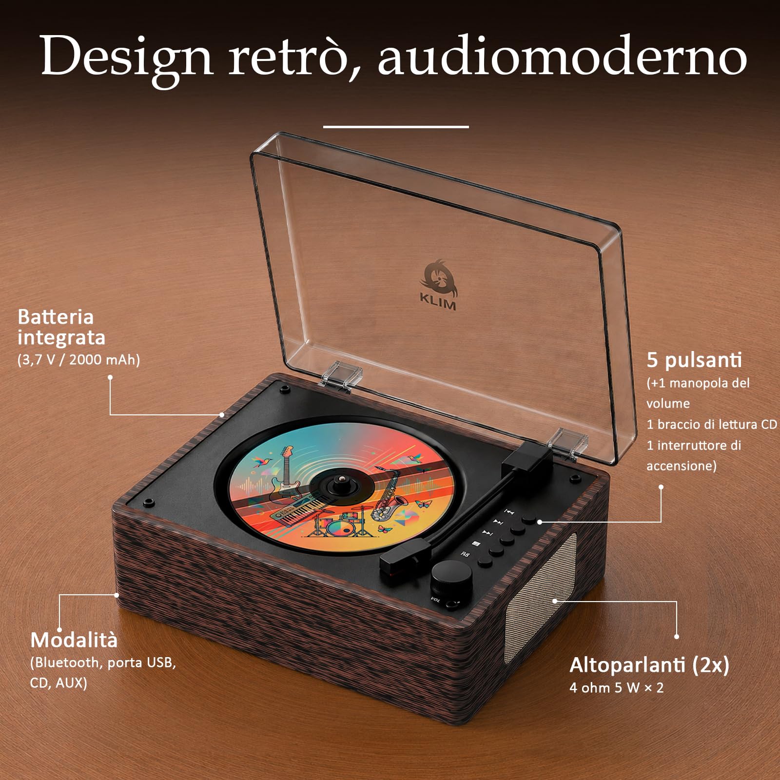 Heritage CD Player Wood Lettore Bluetooth da Casa con Altoparlanti, USB | Radio FM, AUX, Presa Cuffie, Design Vintage Effetto Legno, Connessioni Utili, Facile da Usare, Pensato per L Ascolto