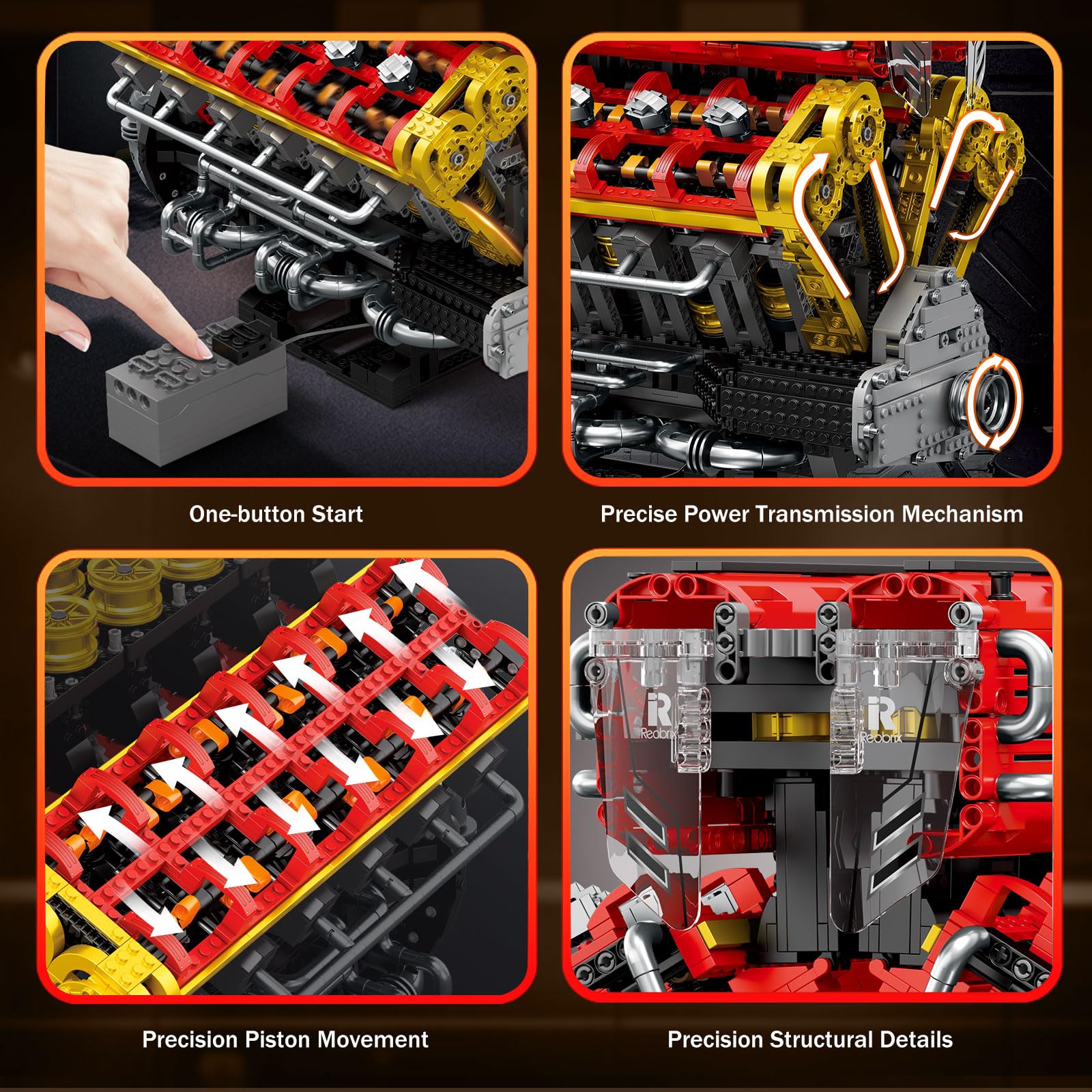Reobrix Kit Maqueta Motor V12 para Adultos, Kit Motorizado 33017 | Kit de Motor V12 Motorizado, Motor Eléctrico, Pistones en Movimiento, Turbo Funcional, Modelo de Motor de Auto, 4719 Piezas