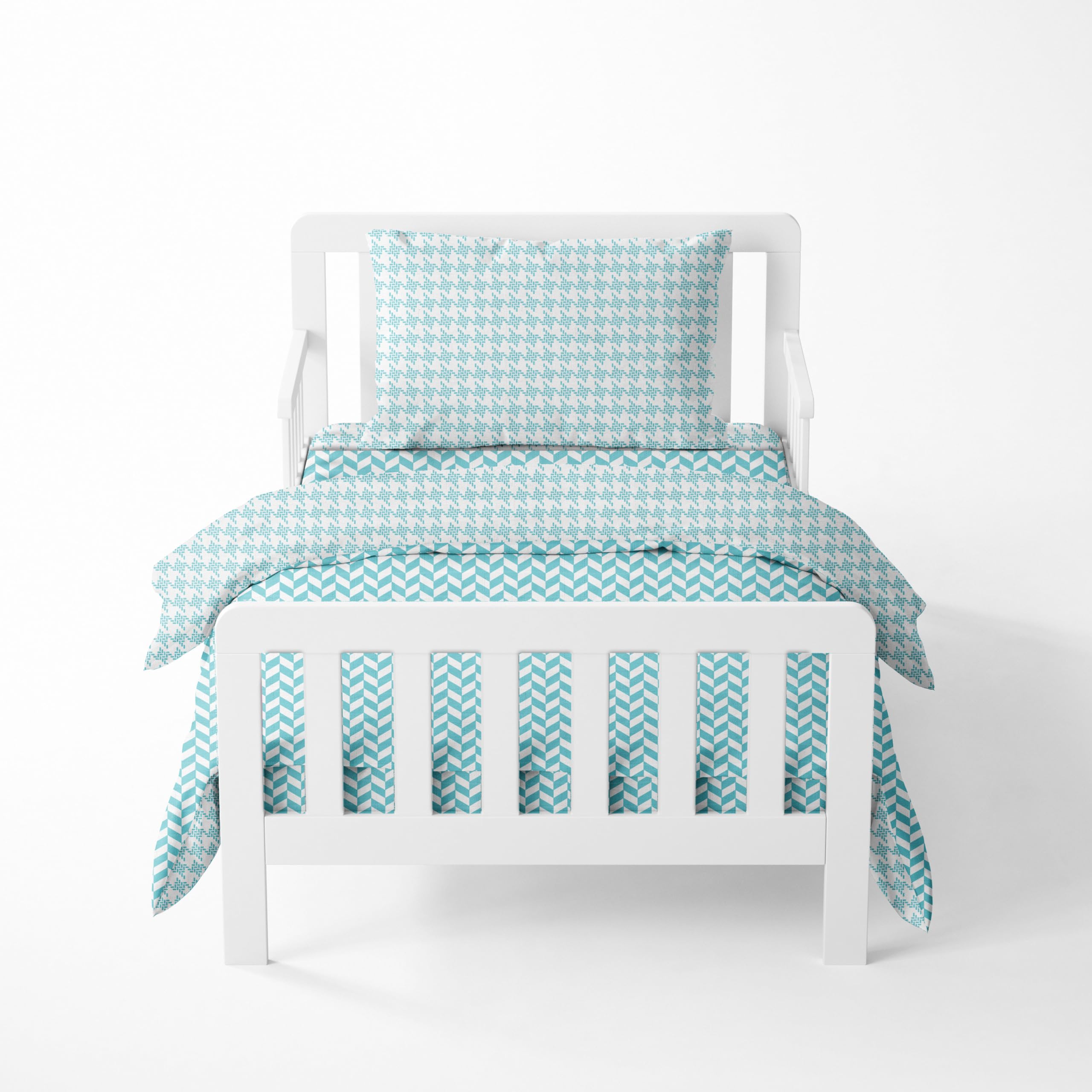 Bacati Pepitka/jodełka unisex muślinowy 4-częściowy zestaw pościeli 100% bawełna perkalowa do amerykańskich standardowych łóżeczek/łóżek dla maluchów, aqua
