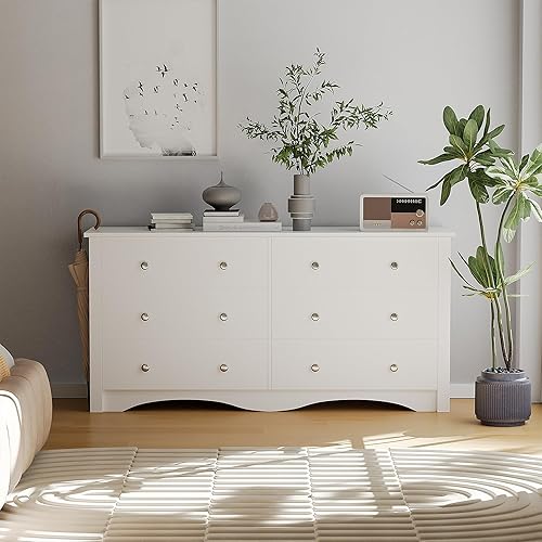 Miniatura 5 de Flamaker Cómoda de 6 cajones para dormitorio, organizador de aparadores de almacenamiento con dispositivos antiinclinación, cómoda moderna y ancha