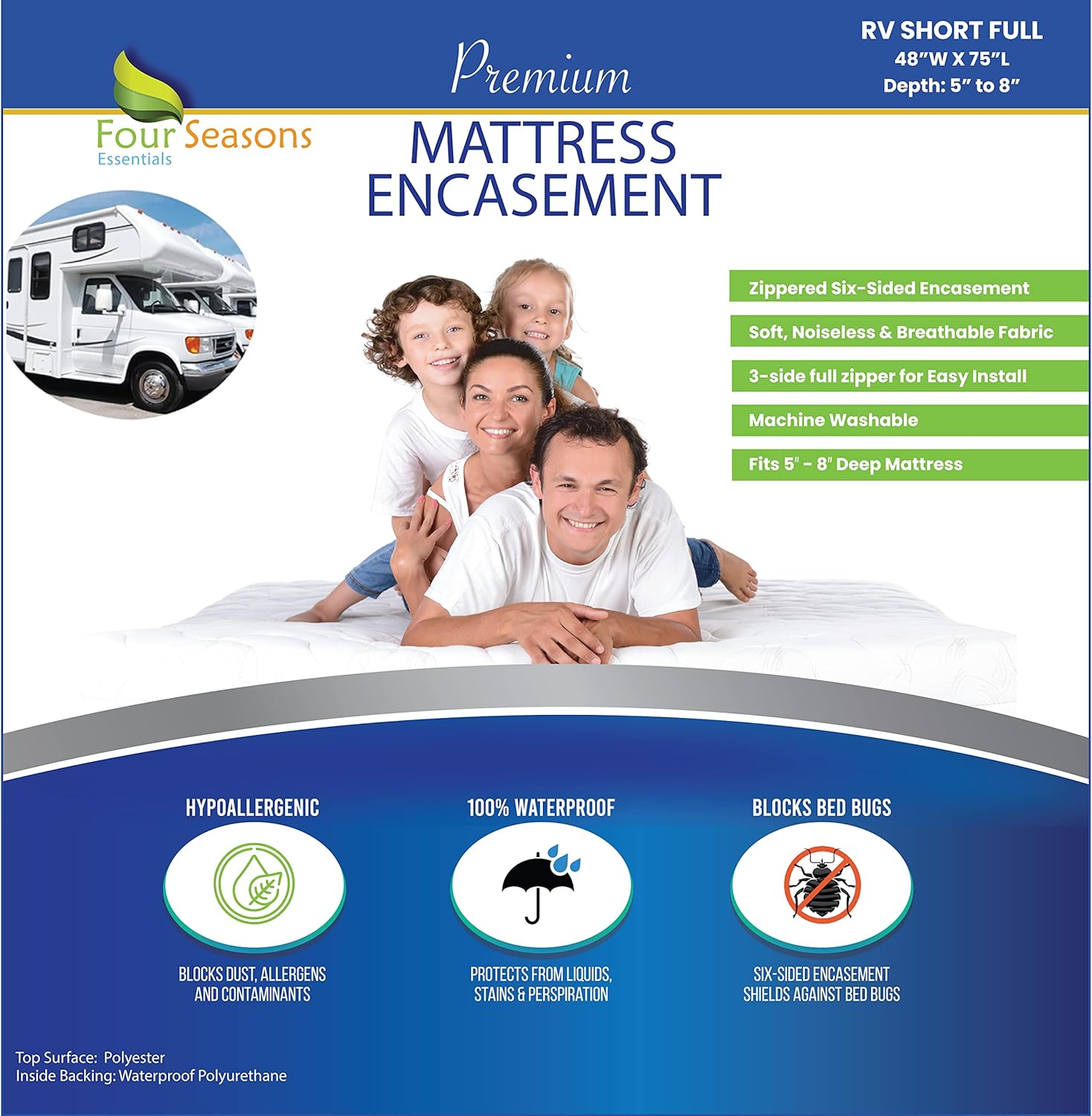 RV Short Full Mattress Protector (48” W x 75" L) Fits 5"8" Depth
