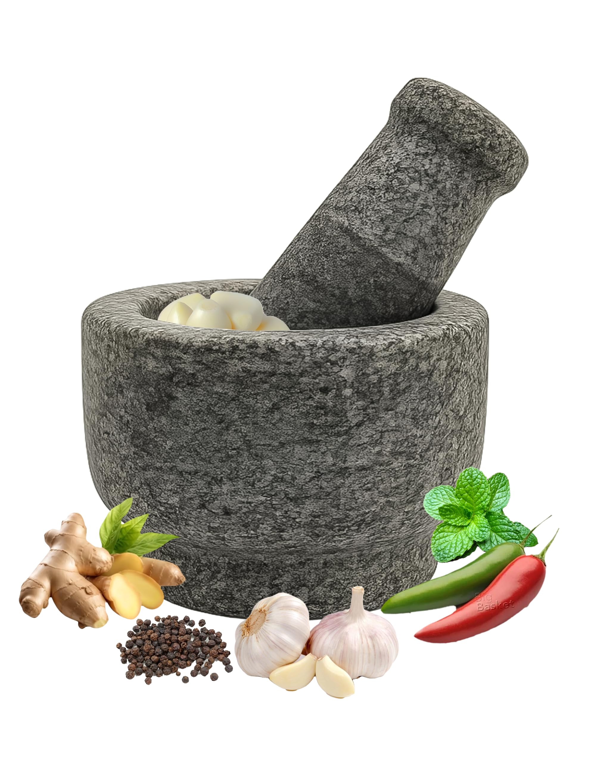 Stone Mortar and Pestle Set for Spices (4 inch), Okhli Masher, Okhli Mixer, Khalbatta stone, Kharal, Natural & Traditional Grinder, Musal, Okhli for Kitchen, Home & Herbs - Grey