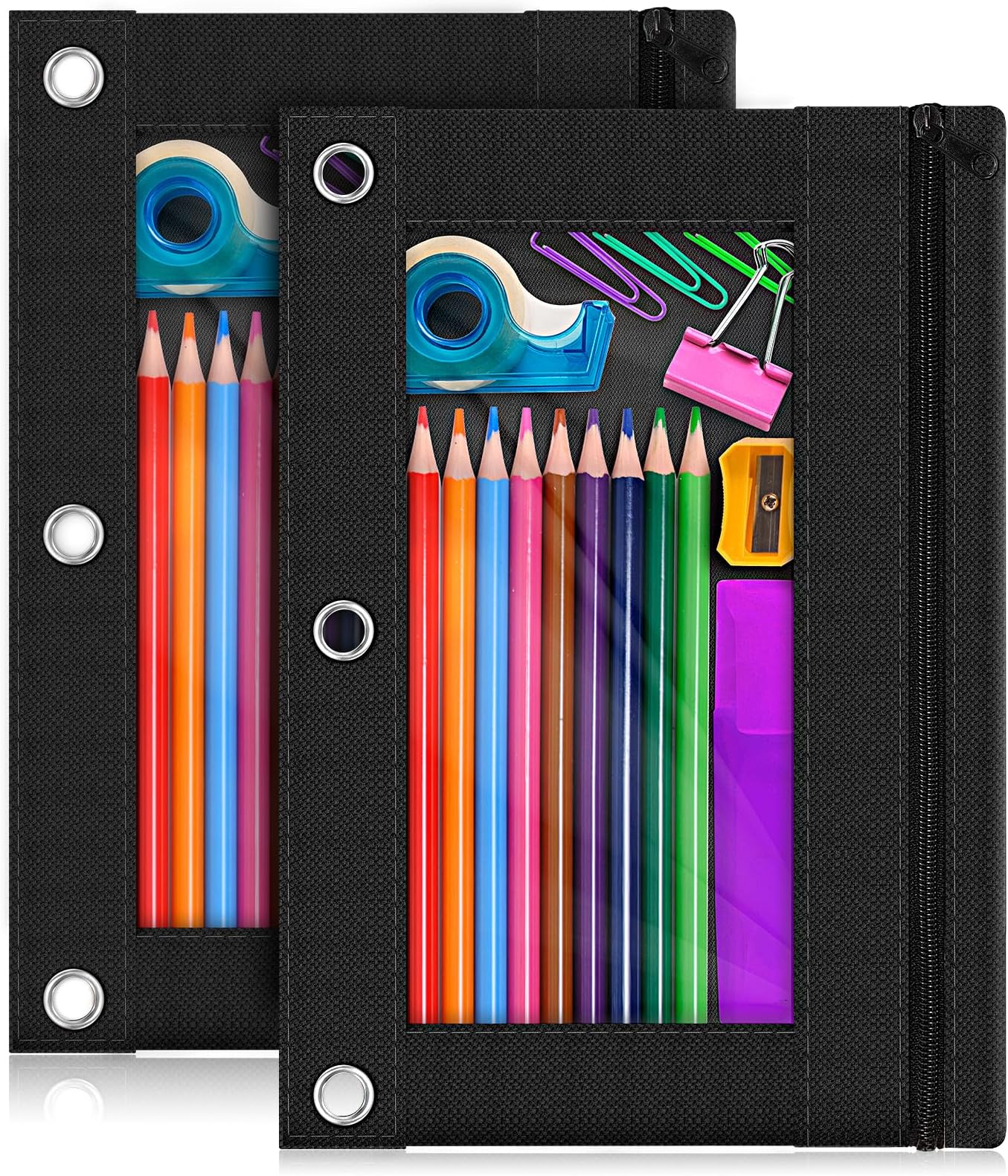 Officygnet3 Ring Pencil Pouch, 2Pack Black Bulk Zipper Pencil Case, Pencil Pouches with Clear Window for Storing School Office Supplies, Cloth Pencil Bag for 3 Hole Binder