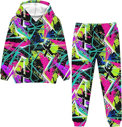 uideazone Conjunto de sudadera con capucha y pantalón para niños 5-14T, conjunto de 2 piezas con estampado 3D