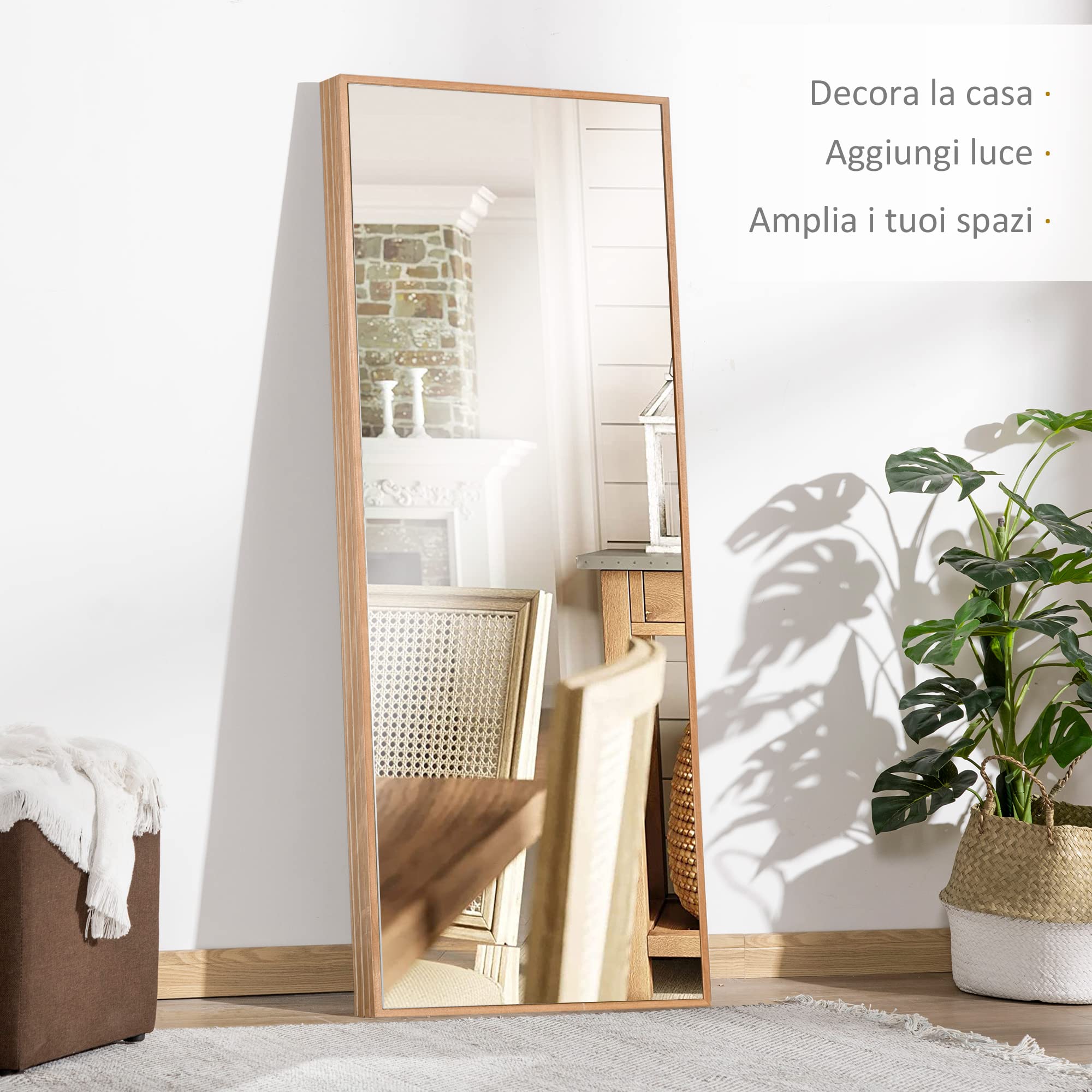 HOMCOM Specchio da Parete e da Appoggio 45x125cm Legno Naturale | Legno di Pino, Ganci inclusi
