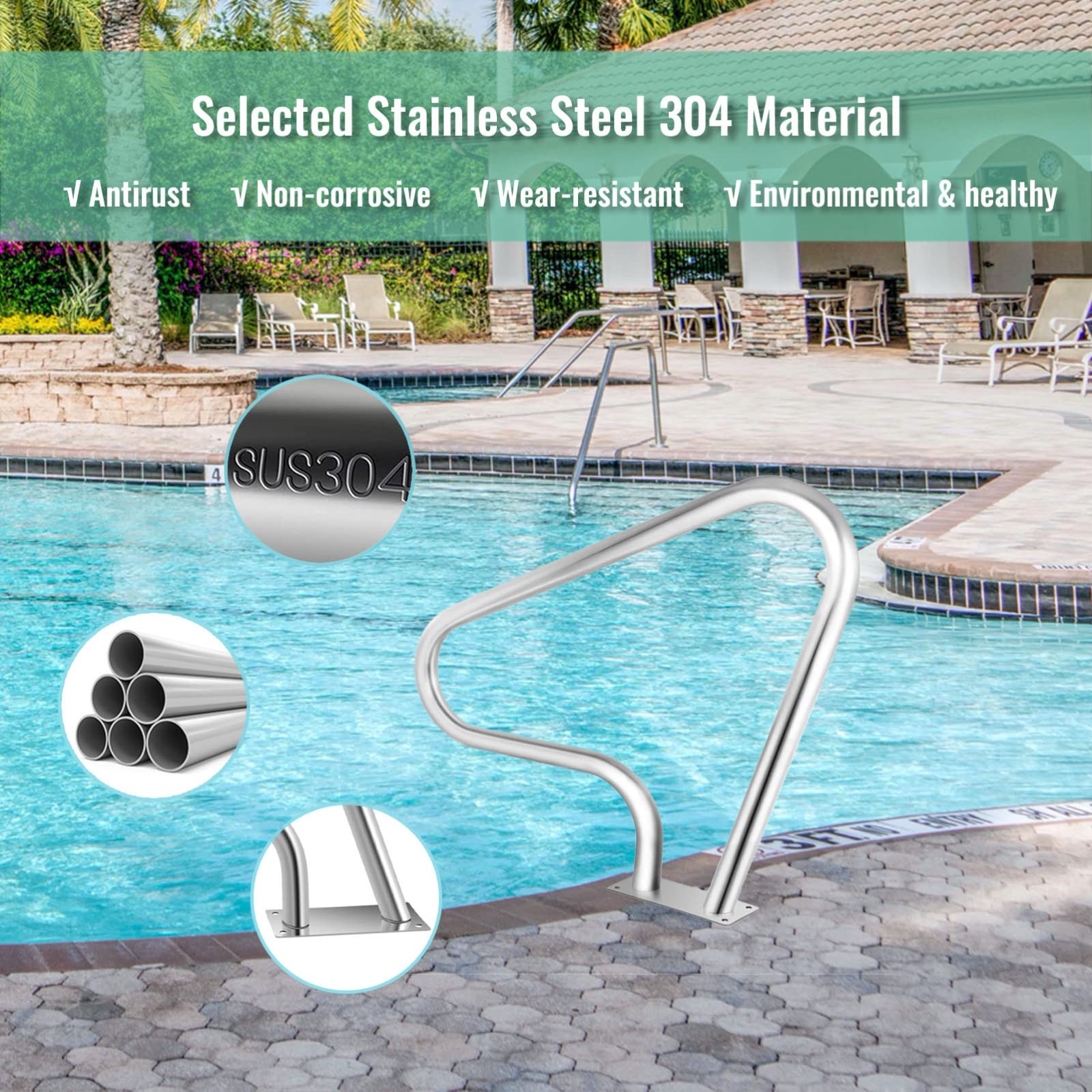 Pasamanos de piscina de 3 curvas, pasamanos de piscina, pasamanos de piscina con cubierta de agarre azul y broca M8 y tornillos autorroscantes, 2 unidades