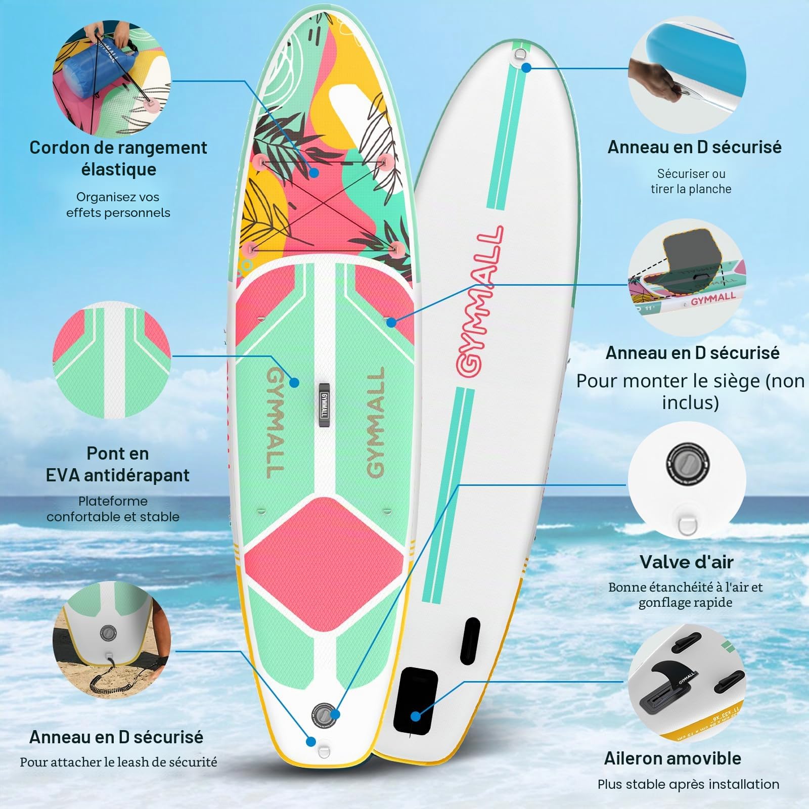 Paddle Gonflable Adulte, Stand Up Sup Large Deck Antidérapant avec Accessoires Premium et Sac