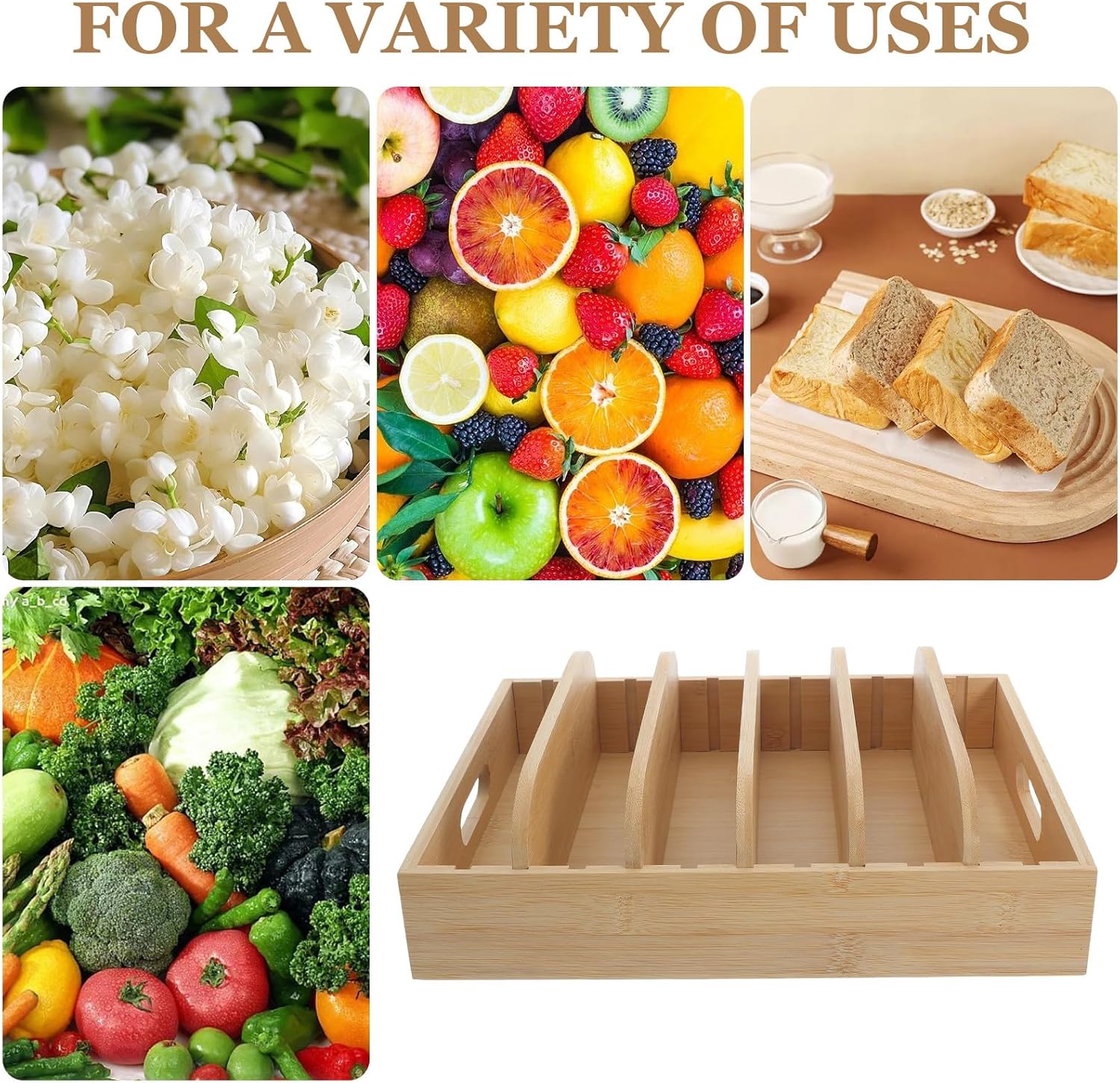 Food Container Lids Organizer for Kitchen Cabinet and Drawer - Bamboo Organizer with 5 Adjustable Divider - Wooden Lids Organization and Storage