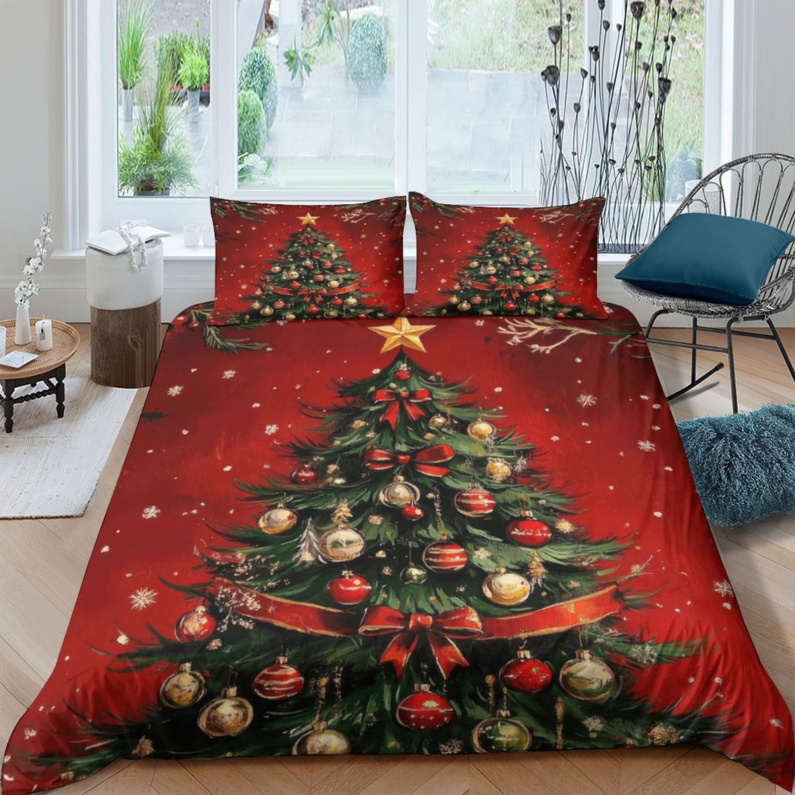 GPLZQXKJNH 3D Printed Christmas Tree Duvet Cover Microfiber Red Holiday Bedding Set with 2 Pillowcases for Bedroom Decor Single（135x200cm）