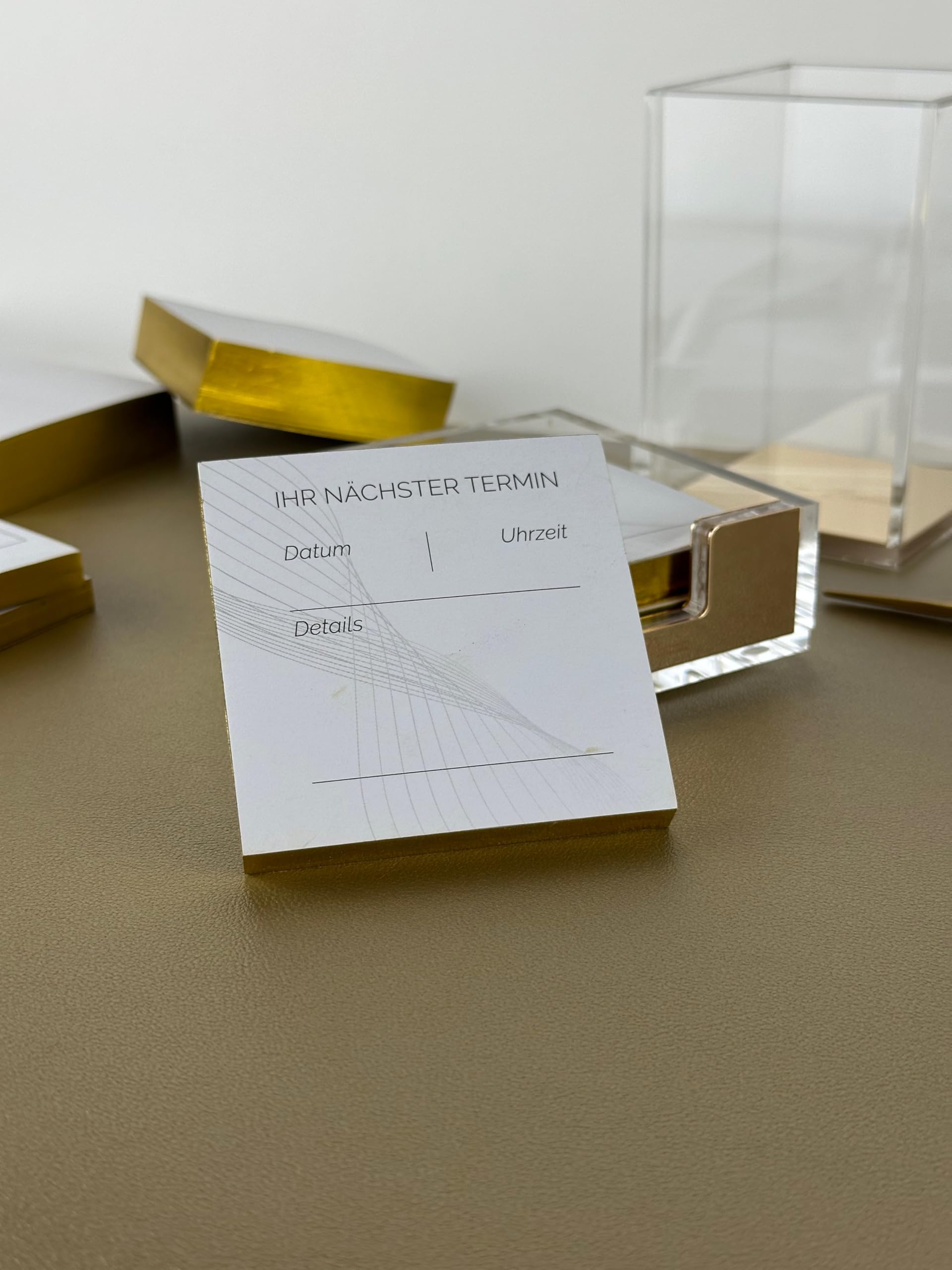 Juego de organizadores de escritorio de alta calidad, para tus clientes, caja de notas acrílica dorada con 2 blocs de citas, 8 x 8 cm, 100 hojas