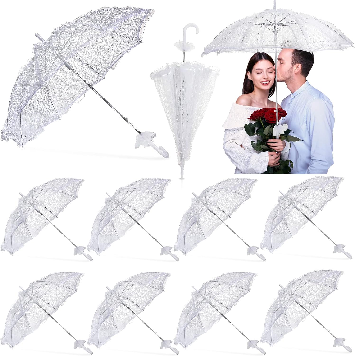 Amylove 12 Pack White Lace Parasol Umbrella Bulk Wedding Umbrella for Bridesmaids and Bridal Flower Photo Prop Vintage Decoration Lady Costume 1920s Party and Tea Party