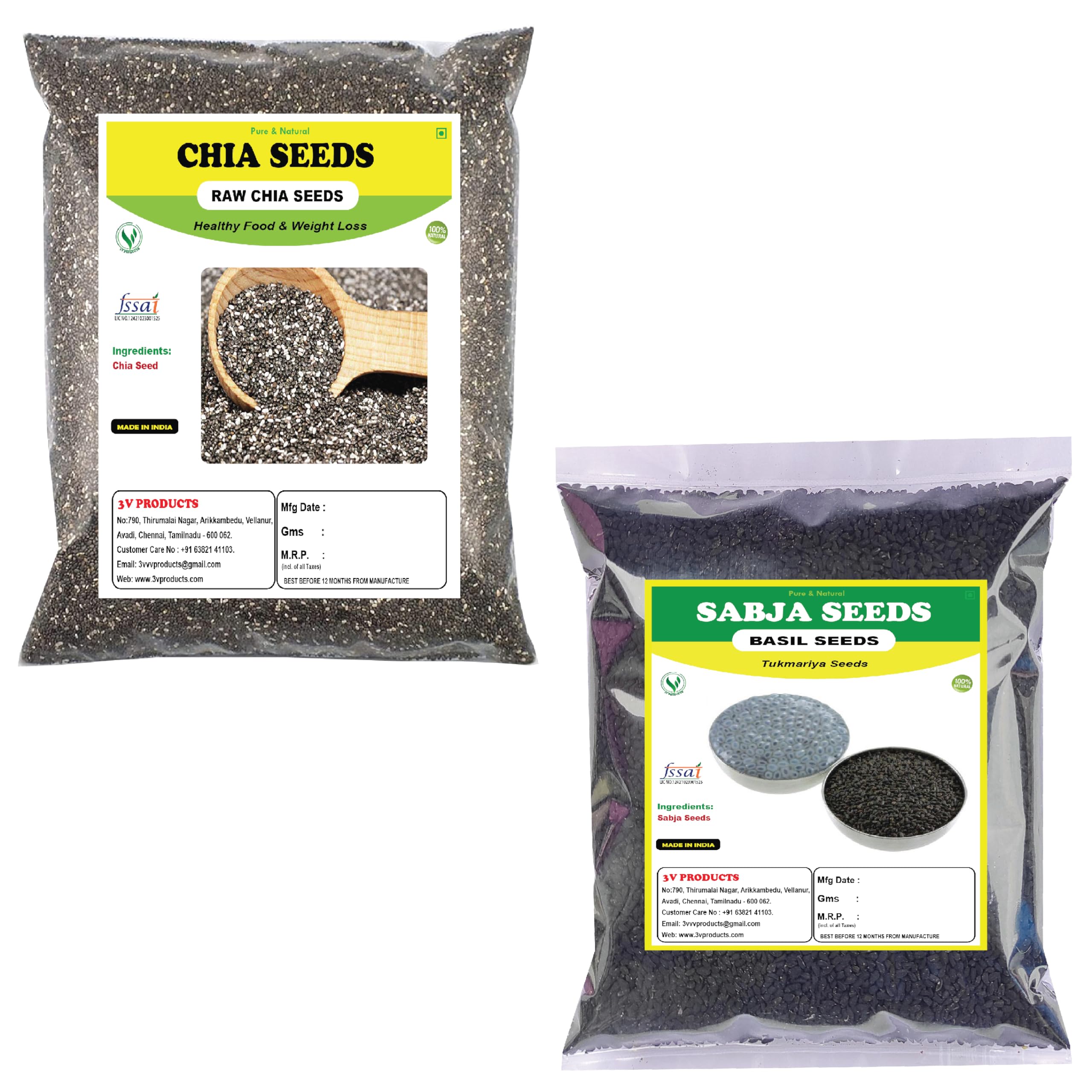 3V PRODUCTS Natural Chia Seeds 50g + Basil Seeds | Sabja Seeds 50g for Weight Loss | Healthy Food | Health Benifits (B0D1BNRB8L) Amazon Price History, Amazon Price Tracker