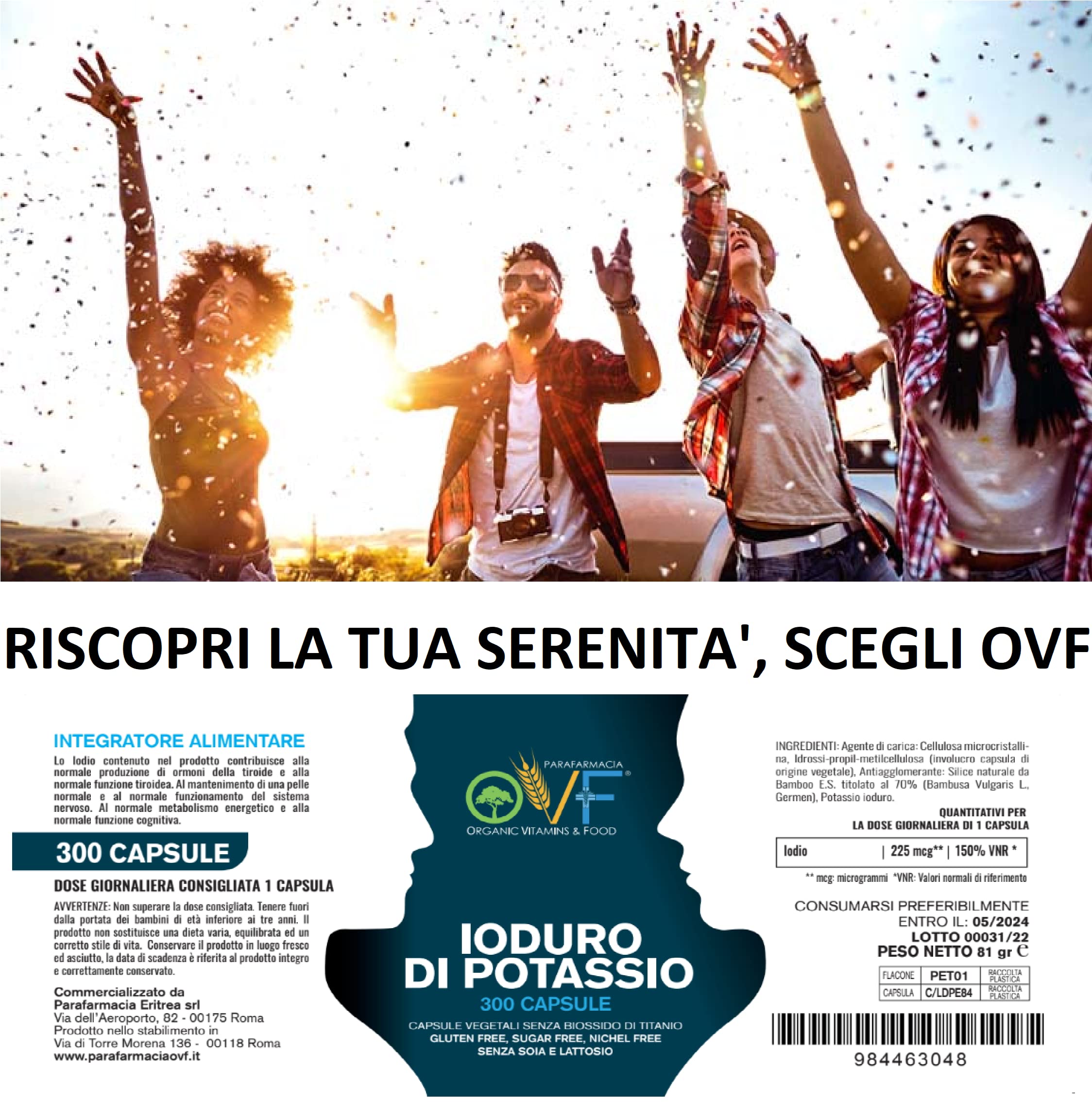 OVF integratore iodio puro 225 mcg (150% VNR), 300 capsule di potassio ioduro per proteggere la tiroide, pillole ioduro di potassio per una scorta conveniente di 10 mesi